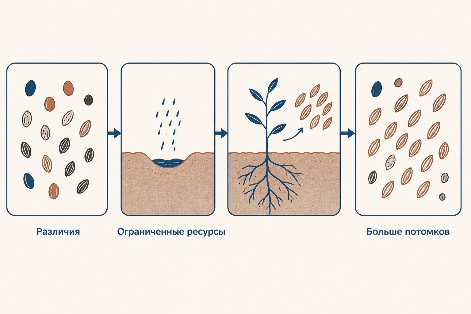 Схема цепочки: различающиеся семена, ограниченные ресурсы, отобранные растения и потомство с полезным признаком