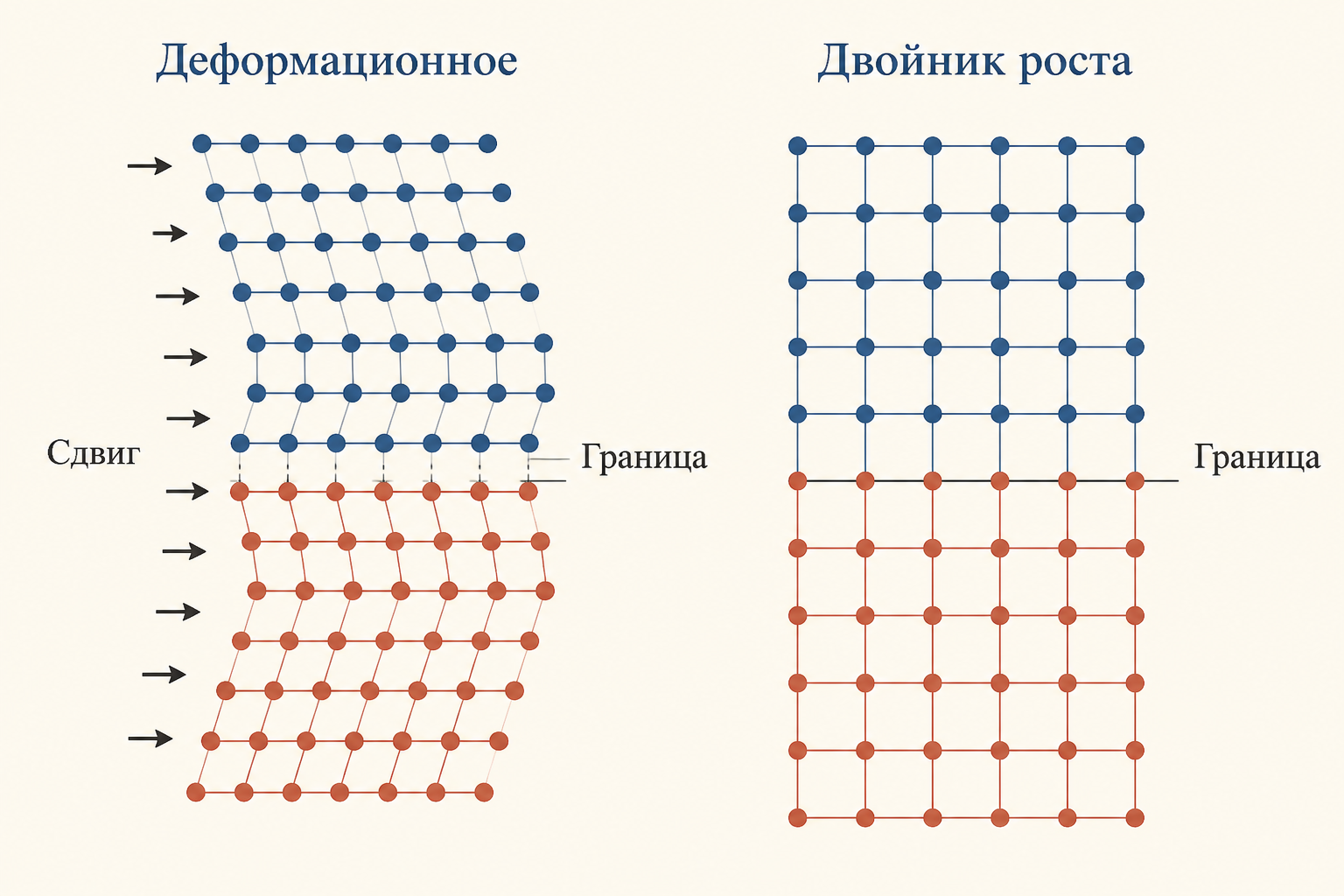 Сравнение двух механизмов: слева деформационное двойникование рядов атомов со сдвиговыми стрелками, справа двойник роста как два сросшихся блока с общей границей.