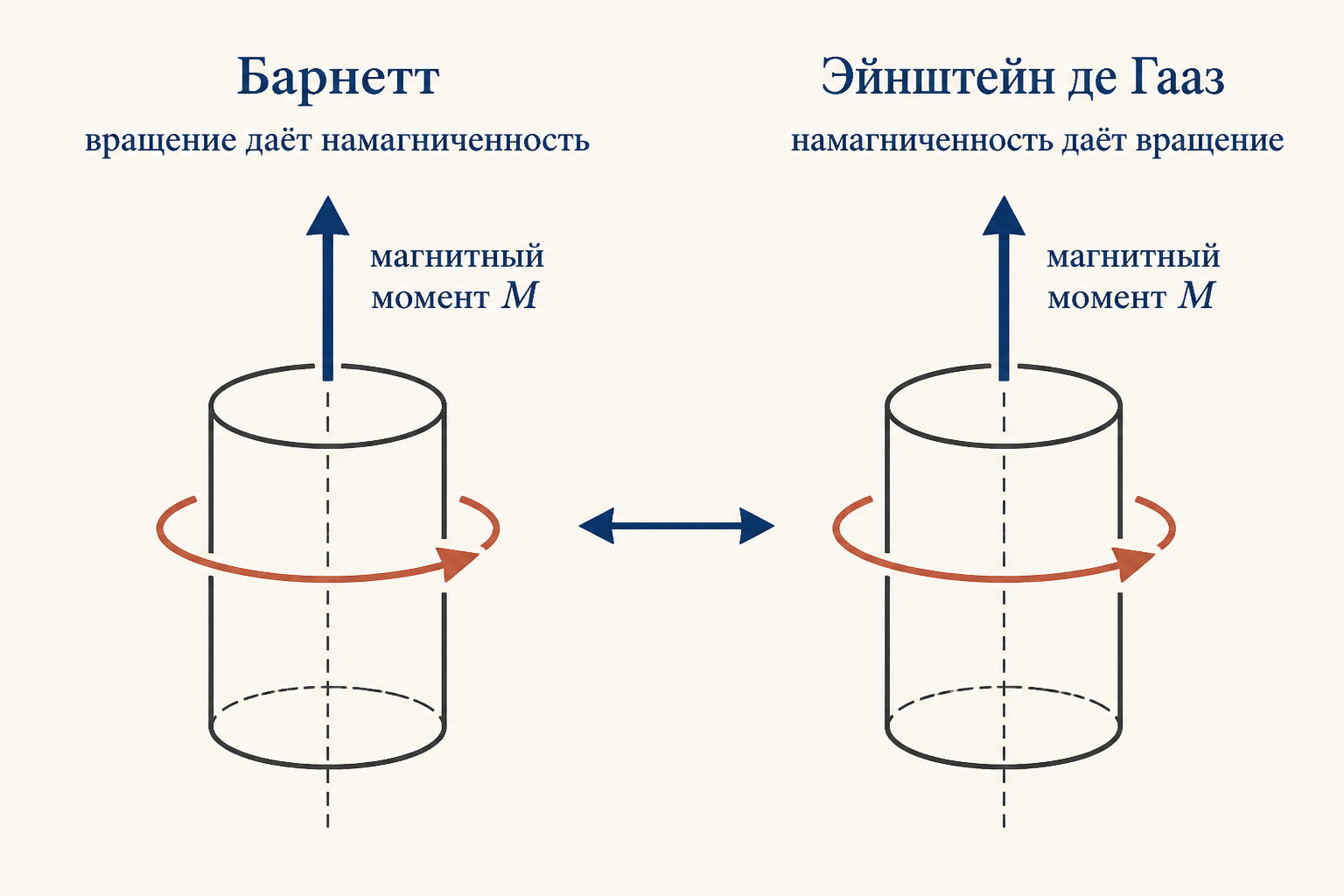 Сопоставление двух эффектов: слева вращение порождает намагниченность по Барнетту, справа намагниченность порождает вращение по Эйнштейну де Гаазу