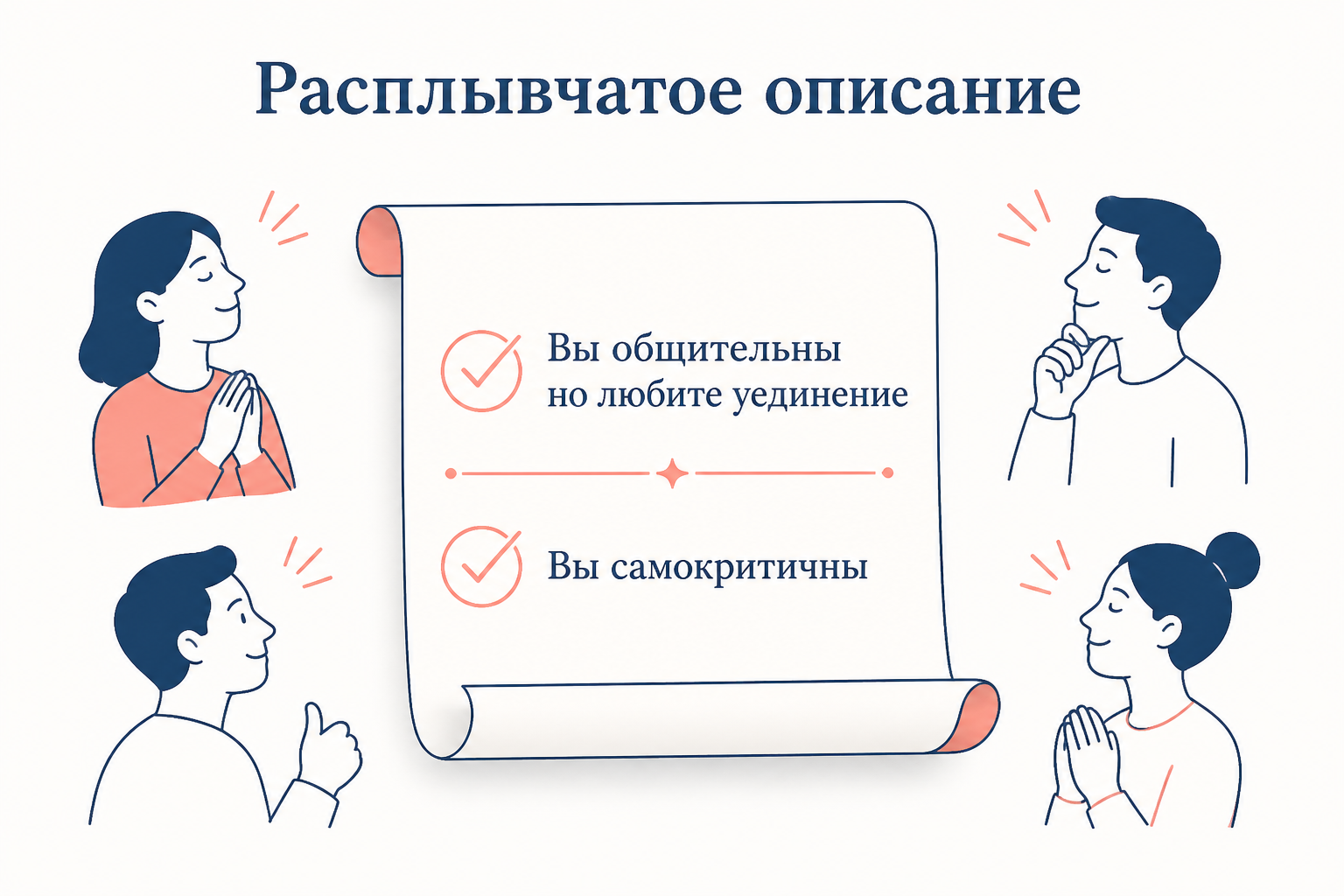 Схема эффекта Барнума Форера: один и тот же расплывчатый текст подходит самым разным людям, и каждый узнаёт в нём себя