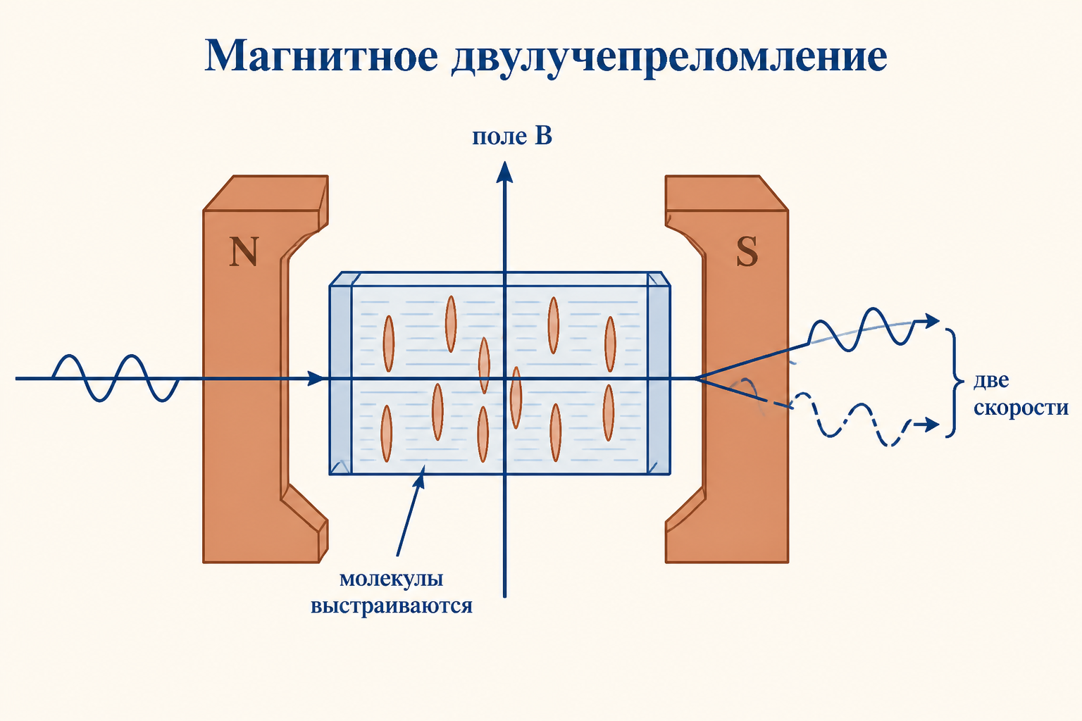 Схема эффекта Коттона-Мутона: луч проходит через кювету с веществом в поперечном магнитном поле между полюсами магнита, поляризация раскладывается на две компоненты с разной скоростью