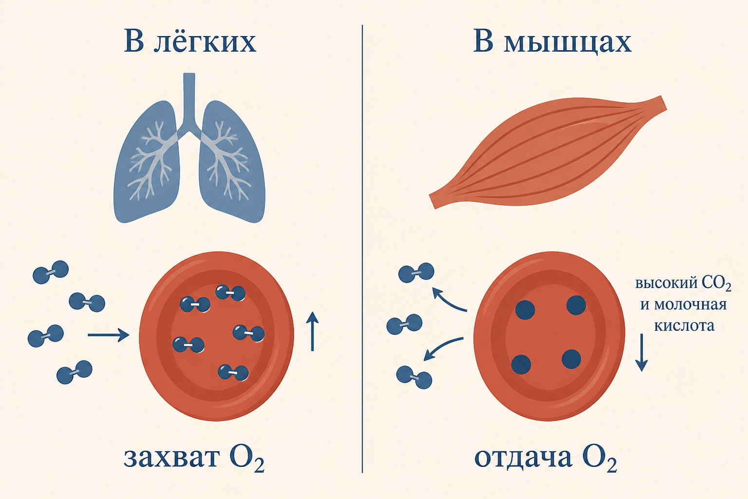 Лёгкие захватывают кислород при низком CO2, работающая мышца с высоким CO2 и молочной кислотой получает максимум отданного кислорода
