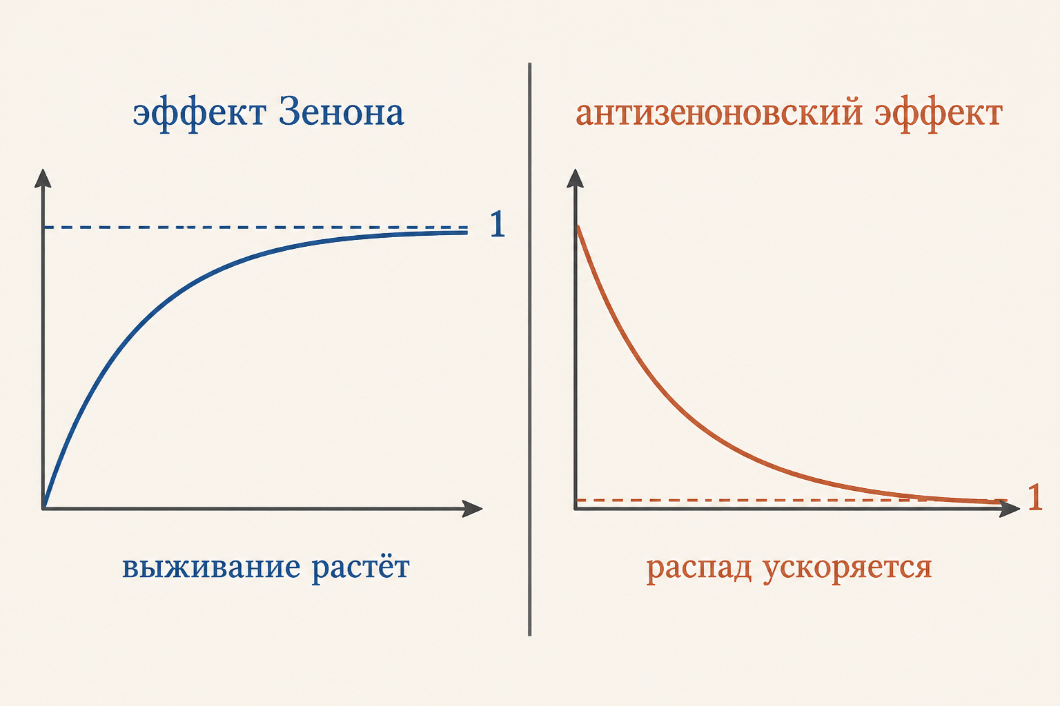 Сравнение зеноновского и антизеноновского режимов: при частых измерениях вероятность выживания растёт, при промежуточной частоте распад ускоряется