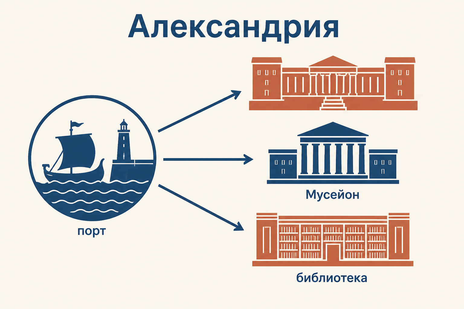 Схема Александрии Птолемеев: гавань, дворец, Мусейон и библиотека с подписями «порт», «власть», «знания»