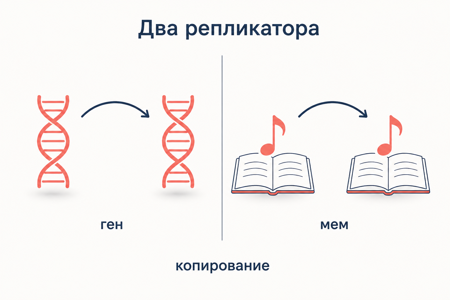 Два репликатора: ген копируется через ДНК, мем через подражание, и в основе обоих лежит копирование