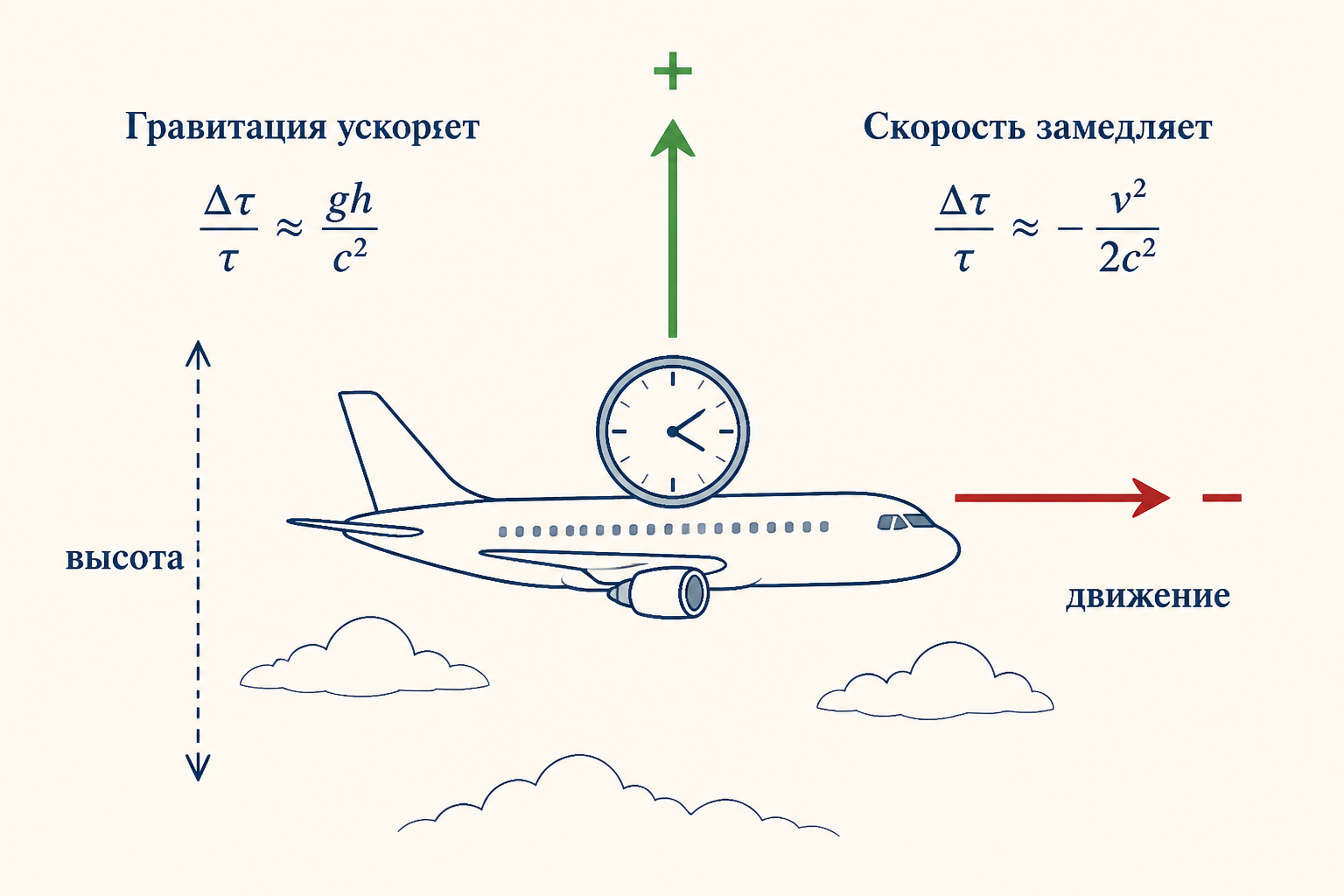 Схема двух противоположных вкладов: гравитационный эффект ускоряет бортовые часы на высоте, кинематический замедляет их из-за скорости