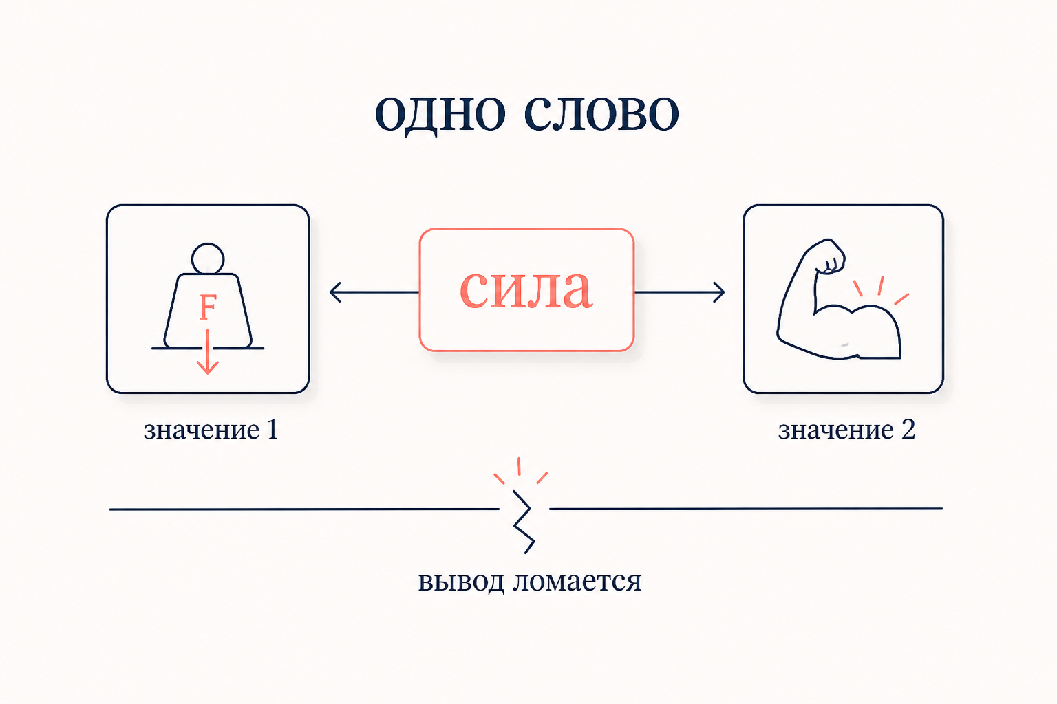 Схема эквивокации: одно слово ведёт к двум разным значениям и ломает вывод