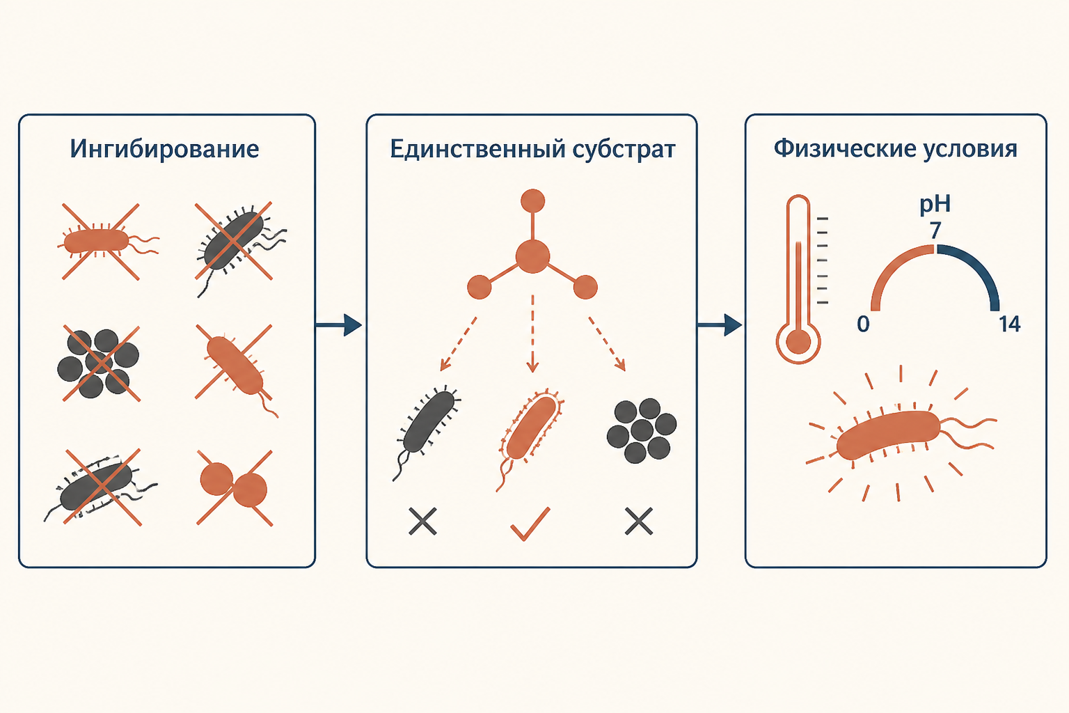 Схема принципа элективности: ингибиторы, источник питания, физические условия