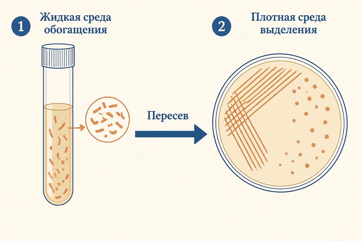 Стакан с элективными средами: жидкая и плотная, схема обогащения и выделения