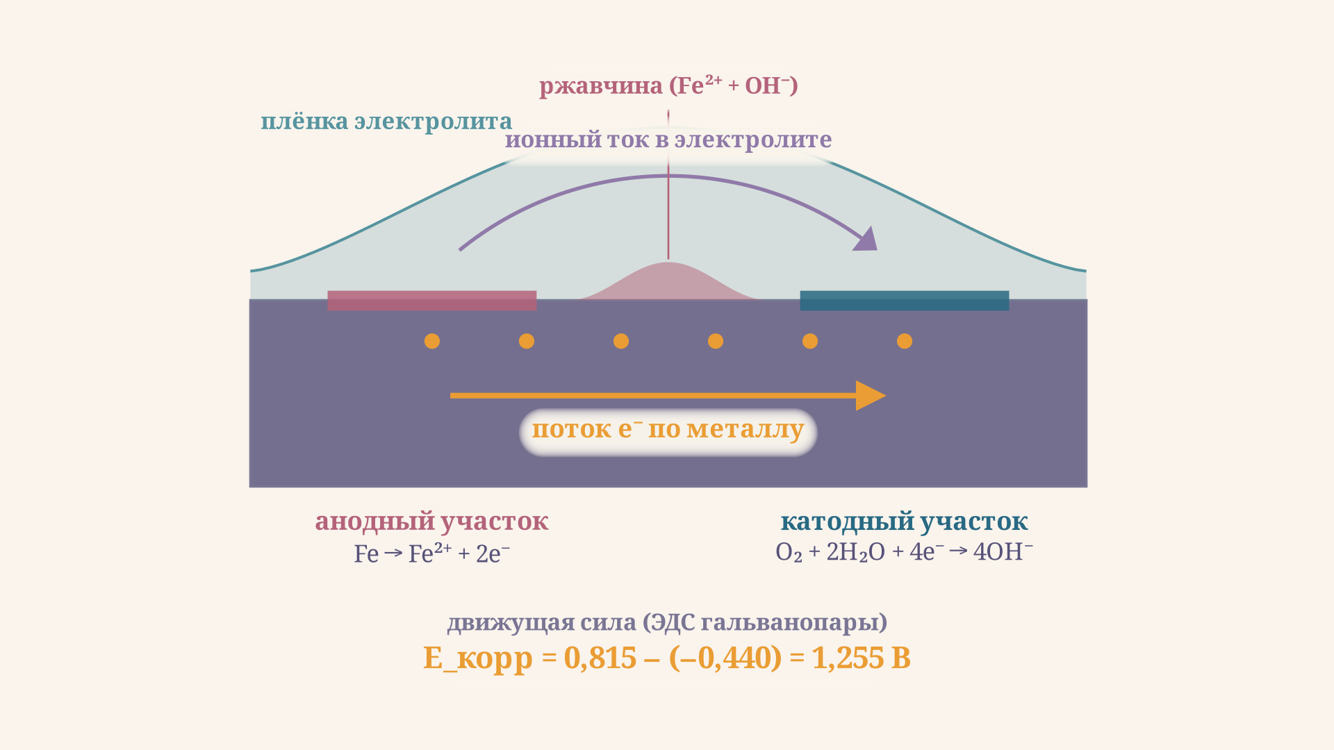 Схема локальной гальванопары на железе: слева анодный участок с растворением Fe в ион Fe2+, справа катодный участок с восстановлением кислорода, поток электронов по металлу и встречный поток ионов через электролит