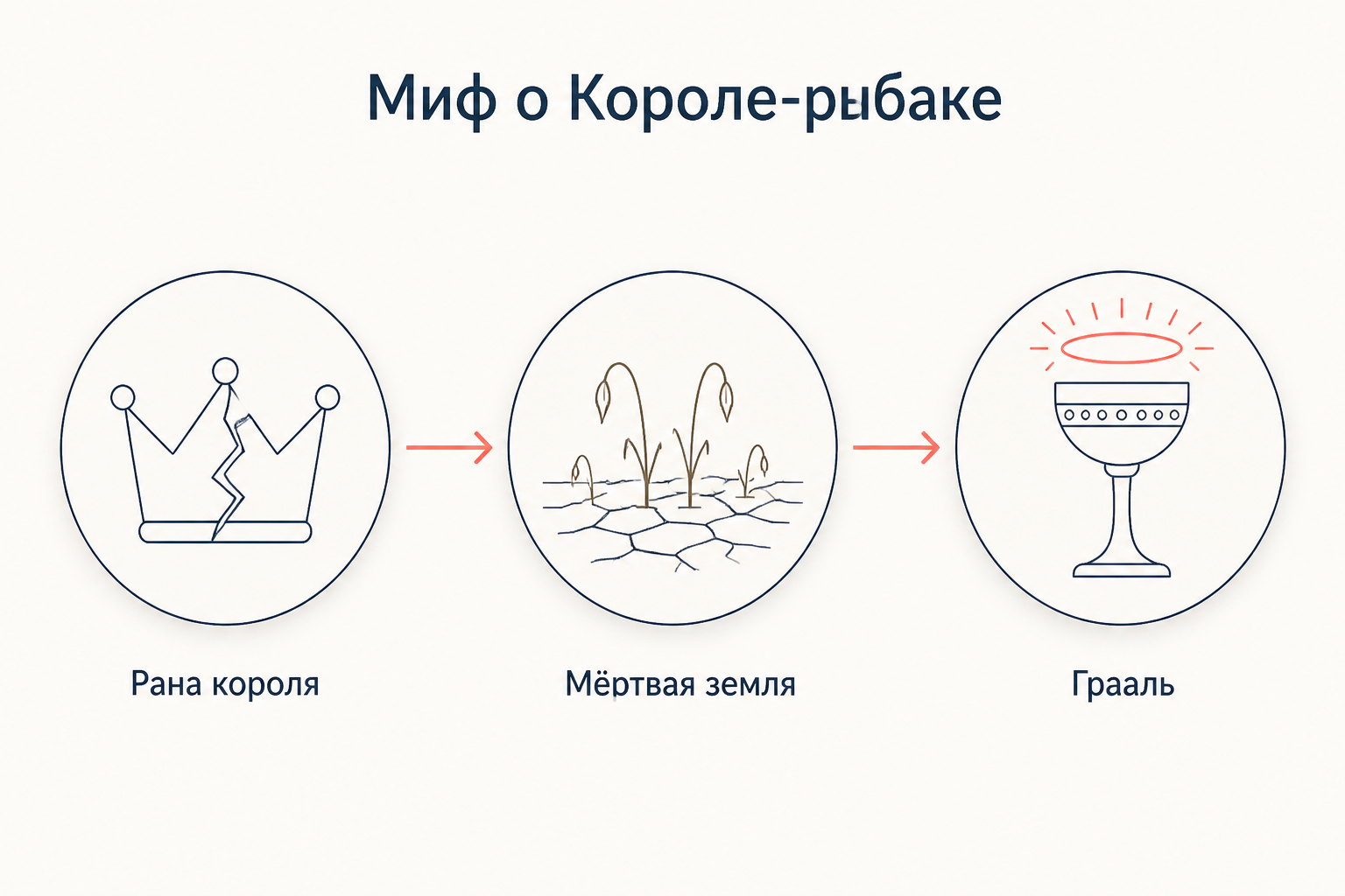 Схема мифа о Короле-рыбаке: рана правителя, засохшая земля и чаша Грааля как условие исцеления