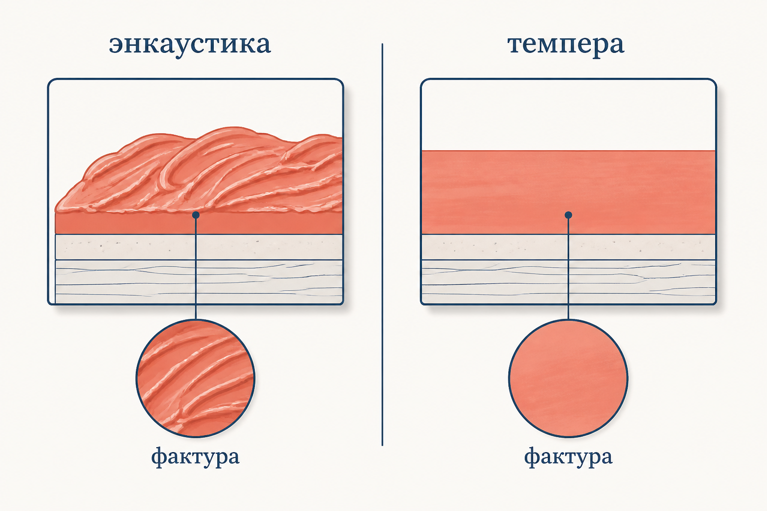 Сравнение фактуры: слева энкаустика дает толстый рельефный полупрозрачный слой воска, справа темпера ложится тонкой ровной матовой пленкой