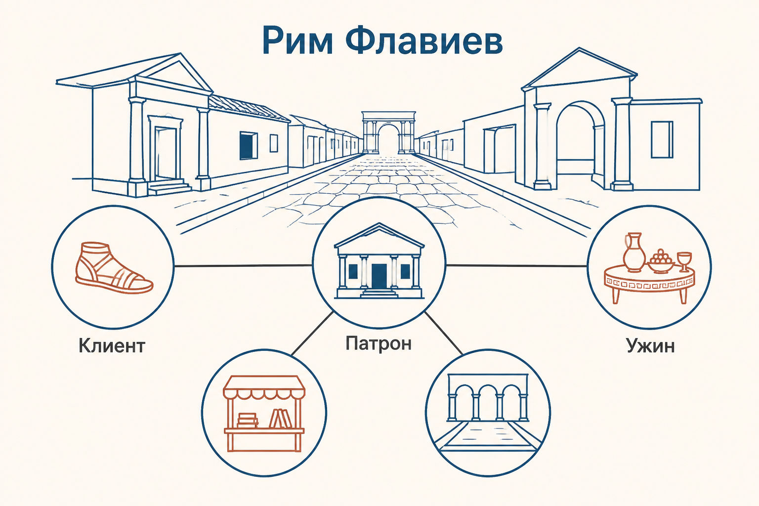Плотная улица Рима Флавиев: клиент с табличками проходит мимо лавок, терм и богатого дома