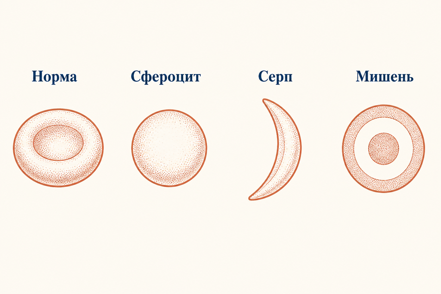Нарушения формы эритроцитов: норма, сфероцит, серп, мишень