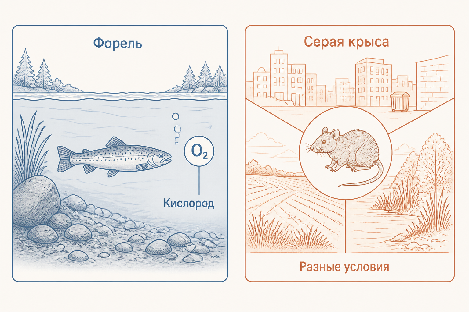 Сравнение широкой кривой толерантности эврибионта и узкой кривой стенобионта