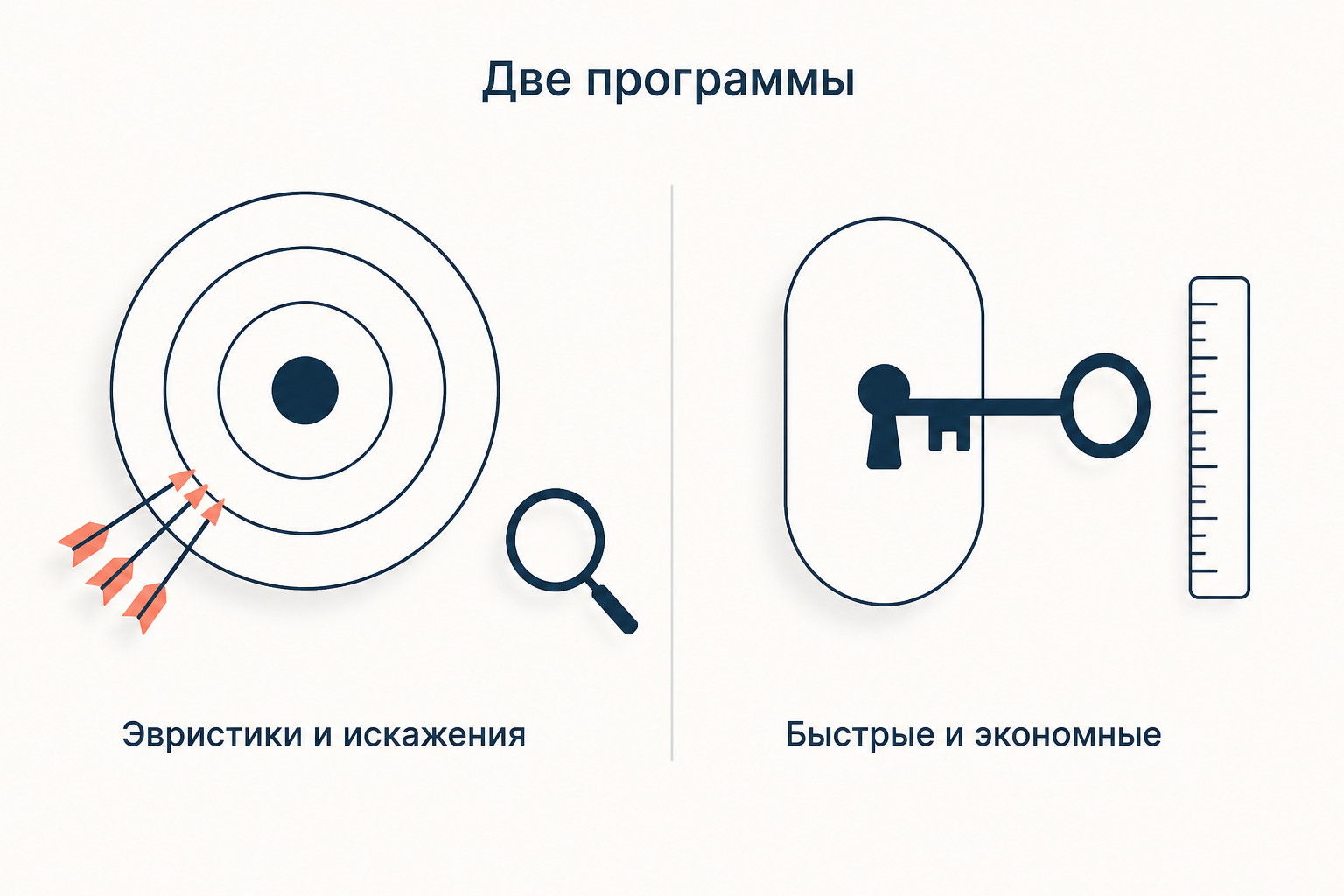 Две программы изучения эвристик: слева стрелы кучно ложатся мимо центра мишени, что означает систематическое смещение, справа ключ подходит к замку, что означает подгонку правила под среду