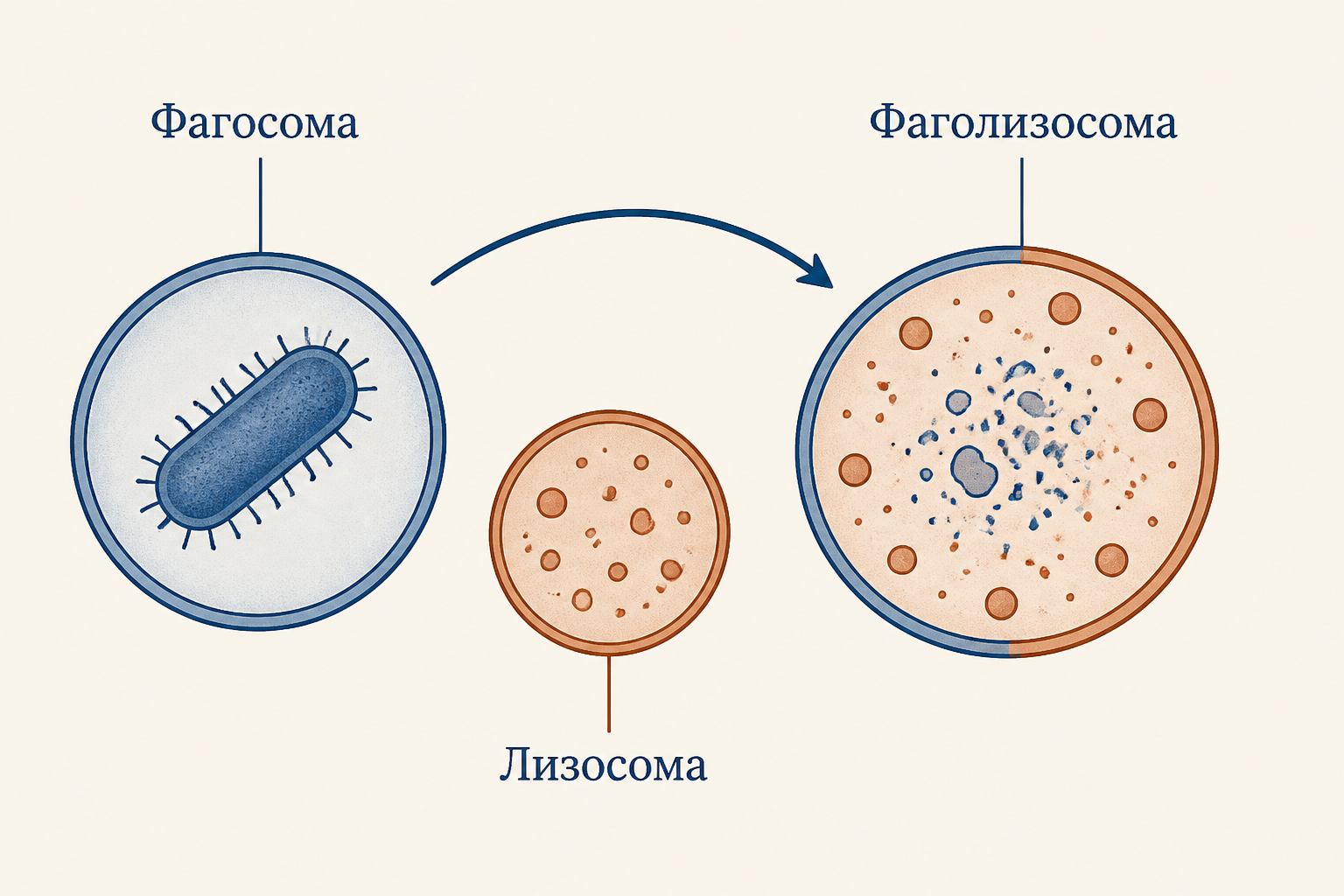 Слияние фагосомы с лизосомой: образуется фаголизосома, в которой бактерия разрушается ферментами