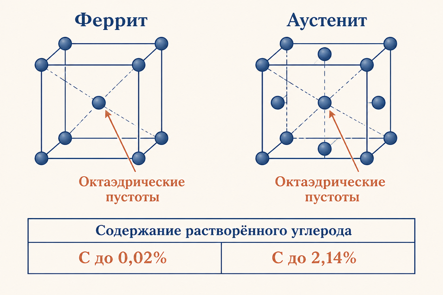 Сравнительная схема феррита и аустенита: ОЦК и ГЦК ячейки с подписями «феррит», «аустенит», стрелки «C до 0,02 %» и «C до 2,14 %», низкая и высокая растворимость