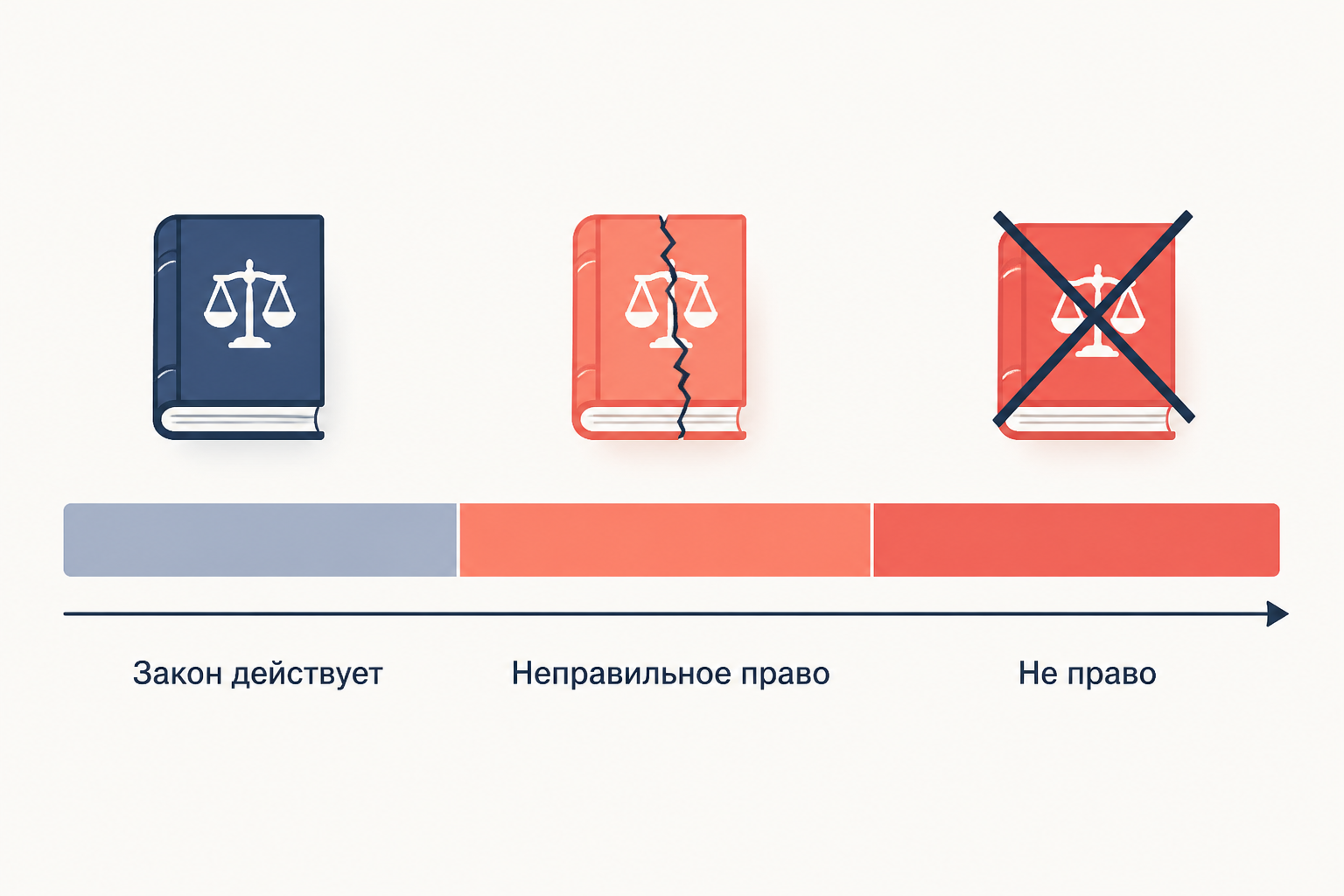 Шкала формулы Радбруха: действующий закон, треснувшая книга неправильного права и перечёркнутый акт, который правом не является