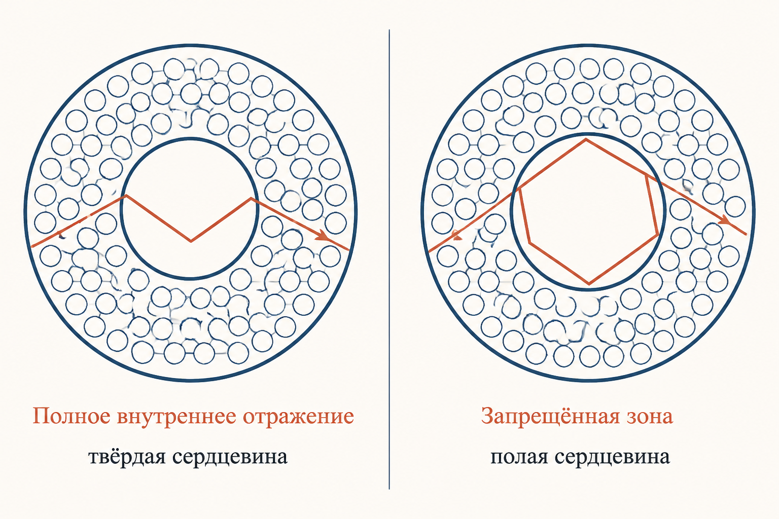 Сравнение двух механизмов удержания света в волокне: модифицированное полное внутреннее отражение в твёрдой сердцевине и фотонная запрещённая зона в полой