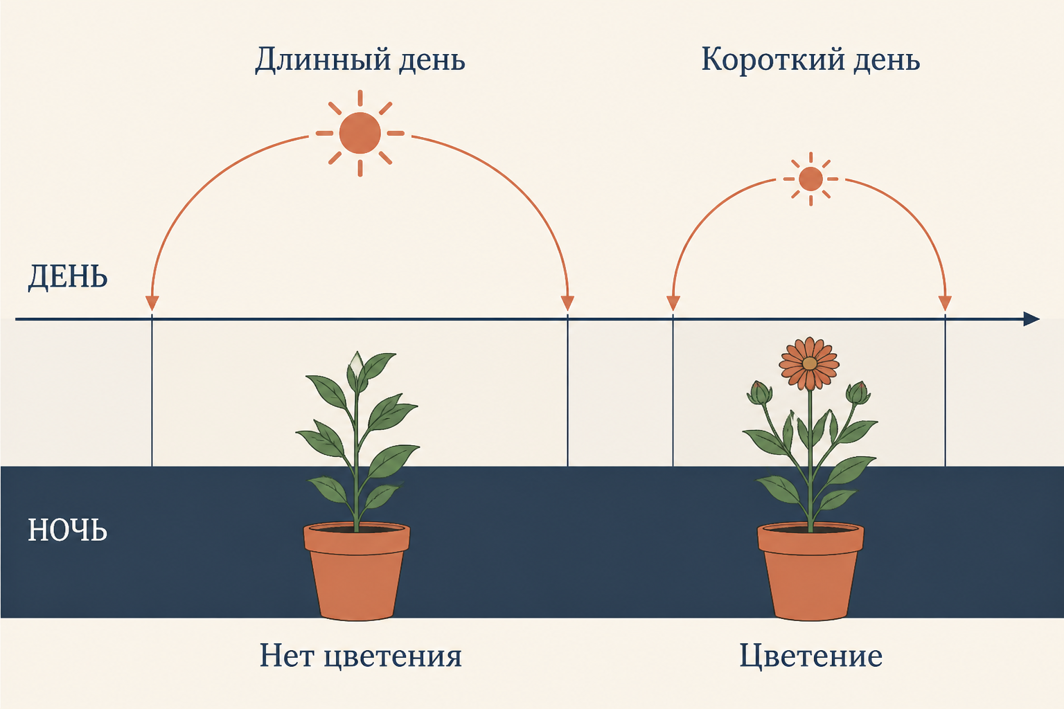 Схема опыта Гарнера и Аллара с короткодневным табаком при разной длине светового дня