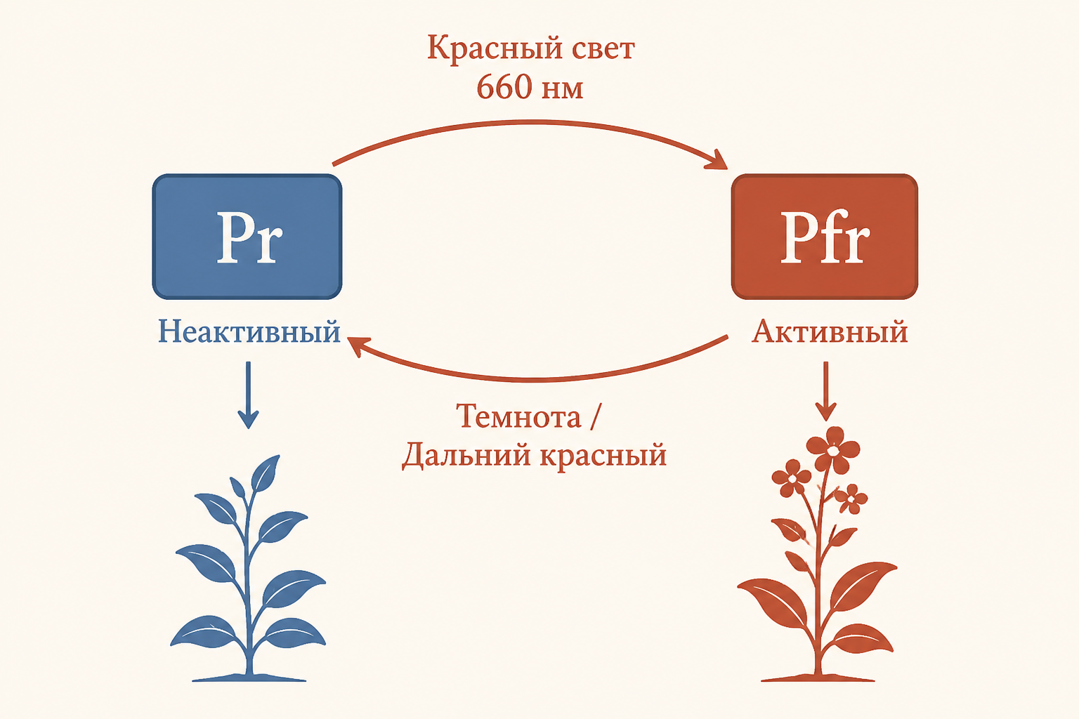 Схема переключения фитохрома Pr и Pfr под действием красного и дальне-красного света