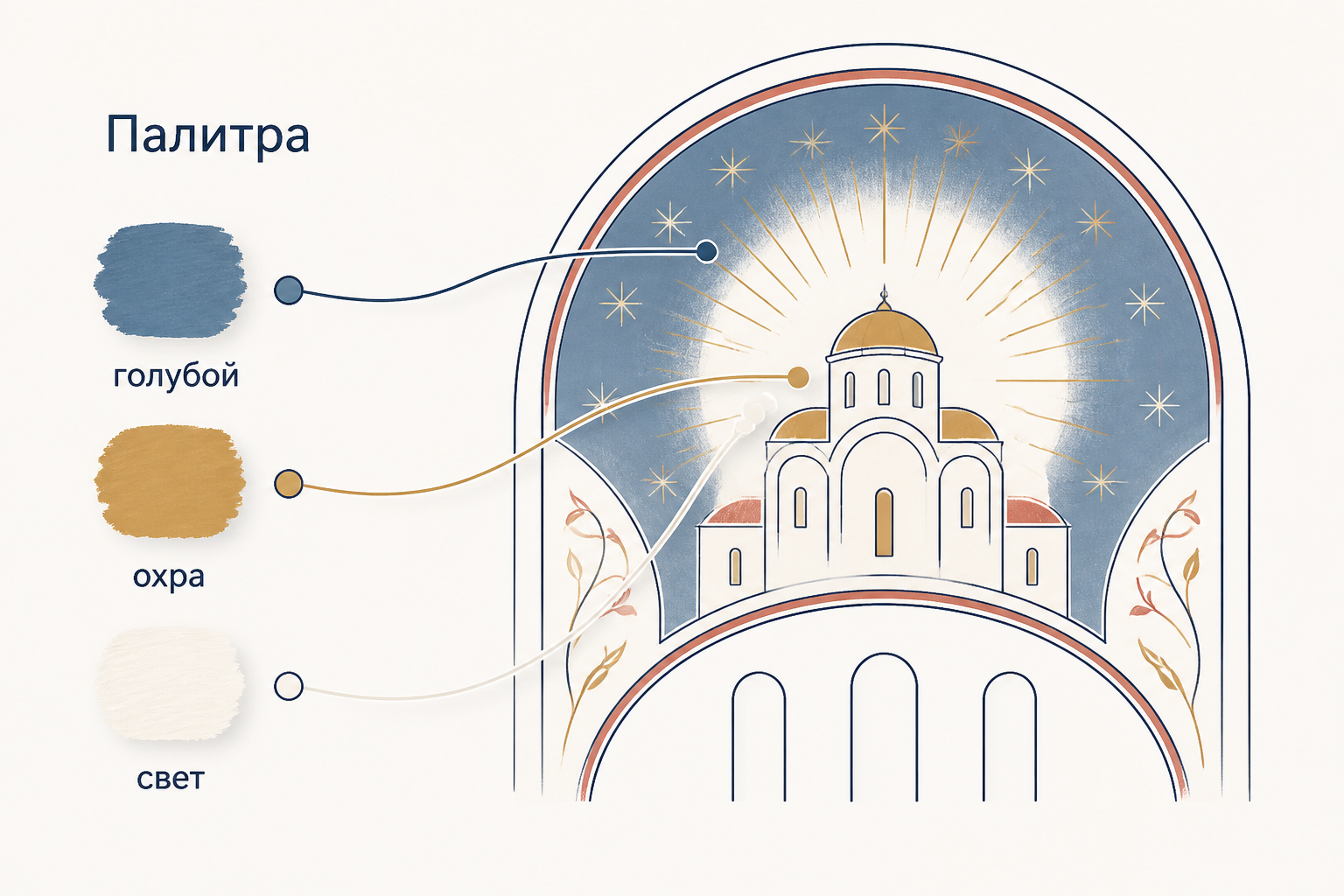 Палитра и световая логика фресок Дионисия: голубой, белый, охра и красный акцент