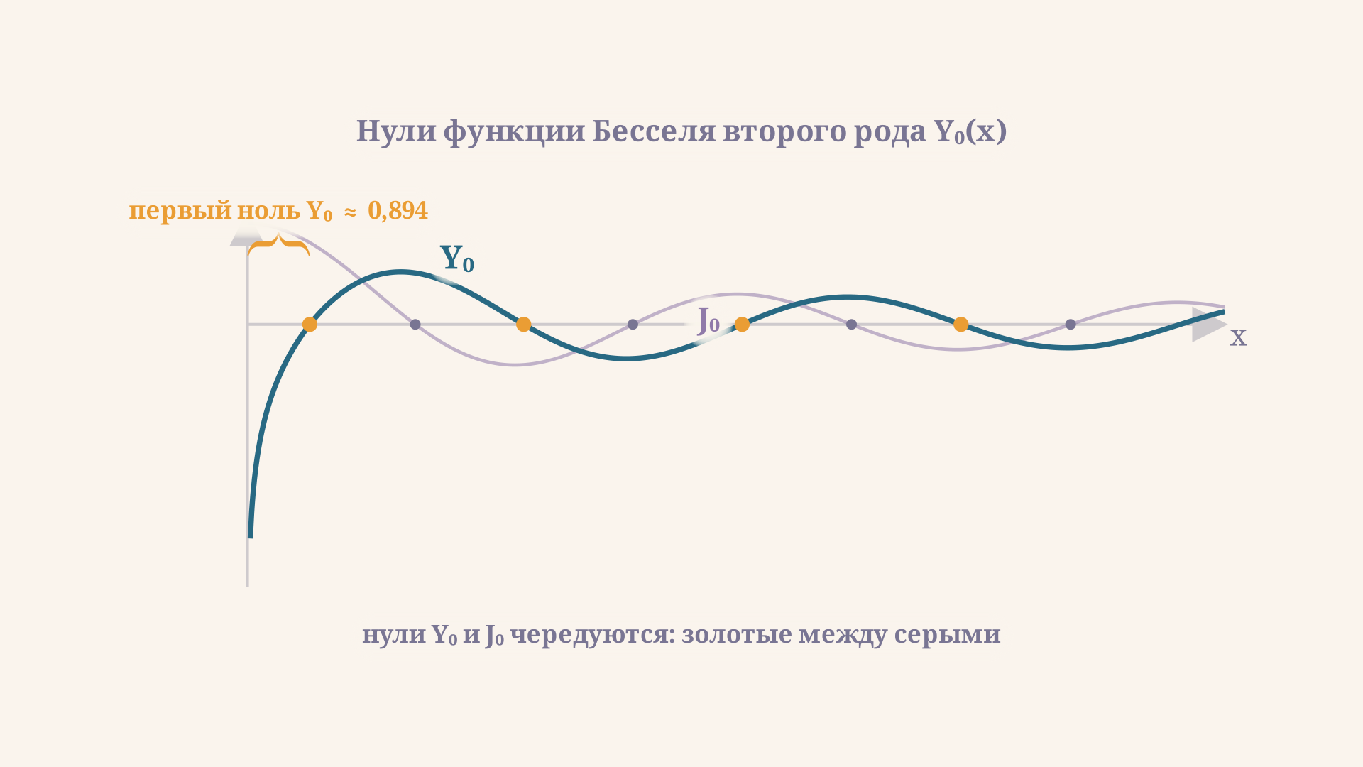 Кривая Y0 уходит в минус бесконечность у нуля и колеблется дальше. Золотые точки - нули Y0, серые - нули J0; они чередуются на оси, а первый ноль Y0 примерно равен 0,894
