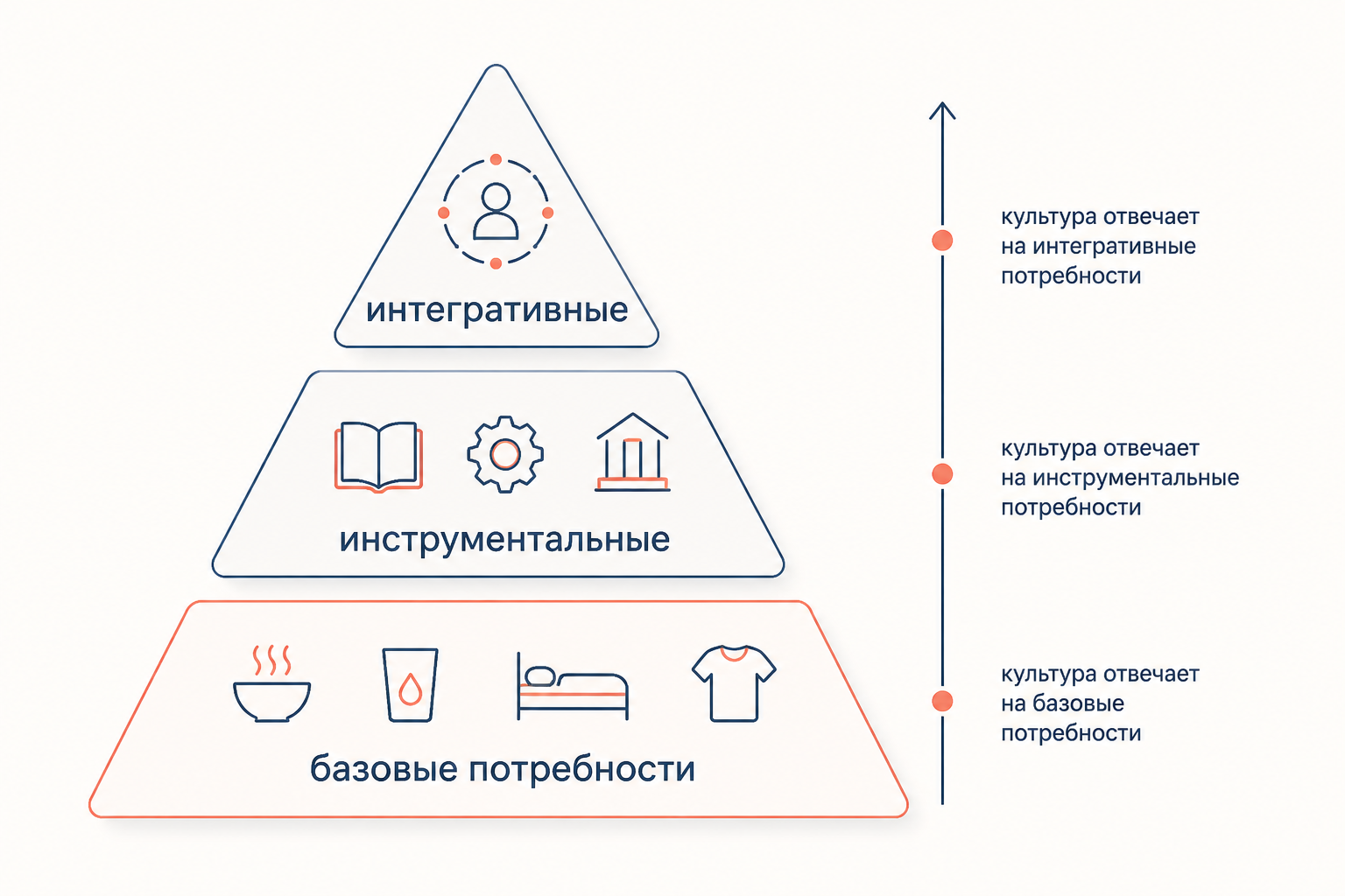 Схема функционализма Малиновского: в центре базовые человеческие потребности, вокруг них кольцо культурных институтов со стрелками внутрь, показывающими, что каждый элемент культуры обслуживает нужду