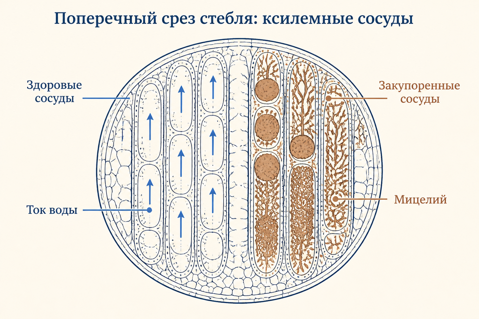 Поперечный срез стебля: здоровые и закупоренные мицелием ксилемные сосуды, нарушение тока воды