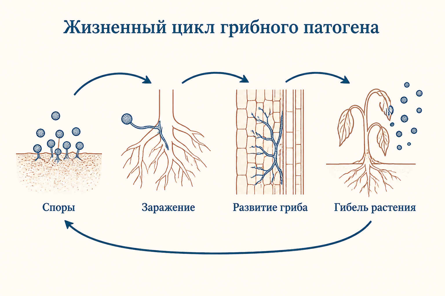 Жизненный цикл патогена: споры в почве, заражение корня, развитие гриба и гибель растения с новыми спорами