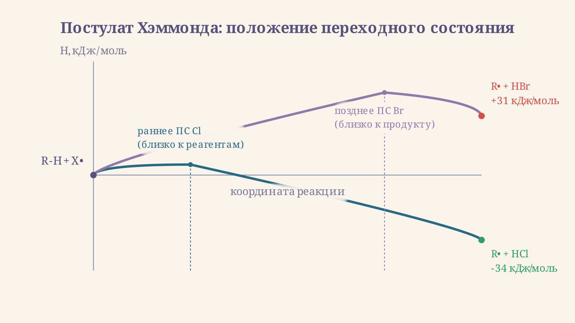 Диаграмма реакционной координаты: раннее переходное состояние у экзотермичной стадии хлорирования рядом с исходными веществами и позднее переходное состояние у эндотермичной стадии бромирования рядом с радикалом-продуктом