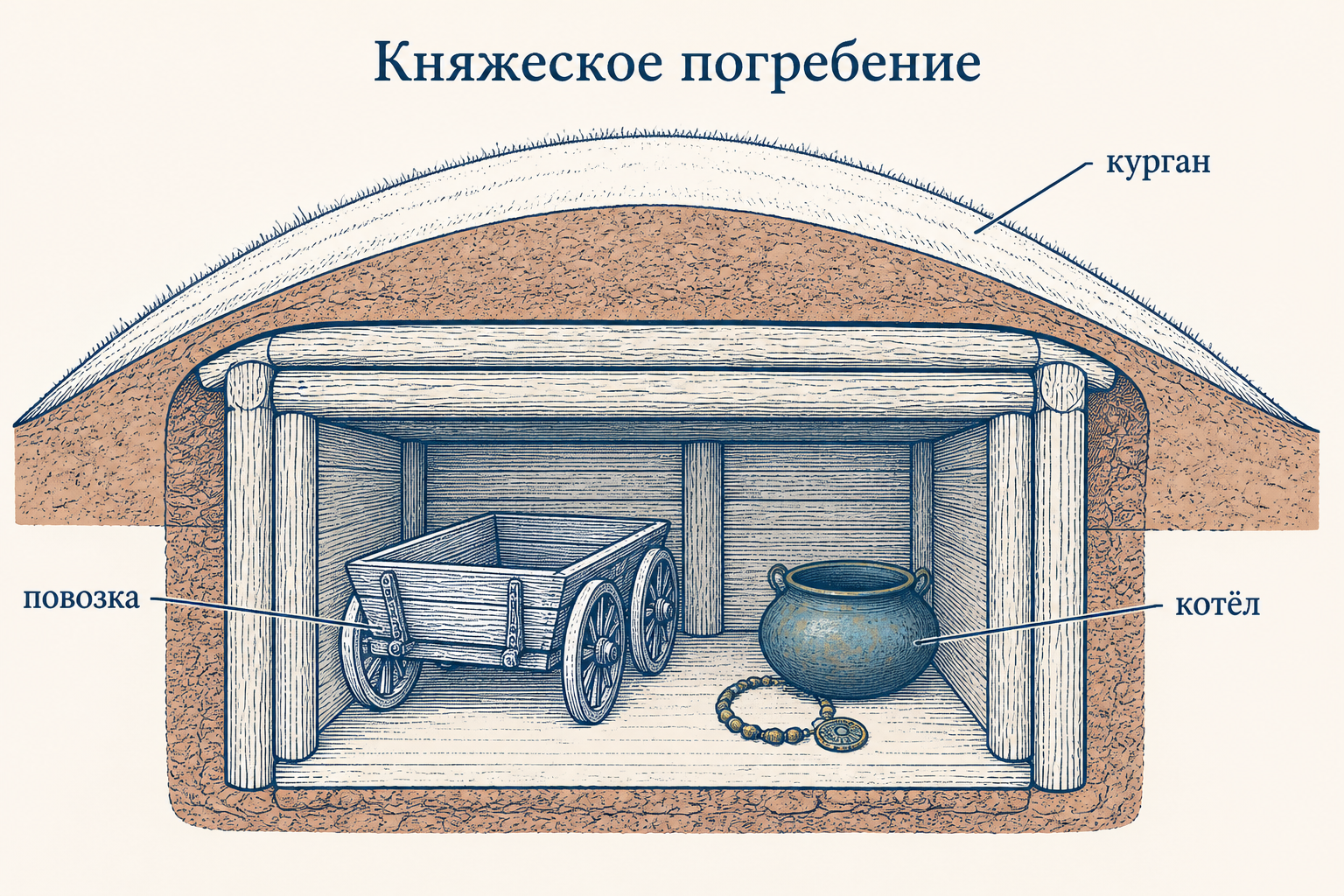 Реконструкция гальштатского княжеского погребения: курган, повозка, оружие и сосуд для пиршества