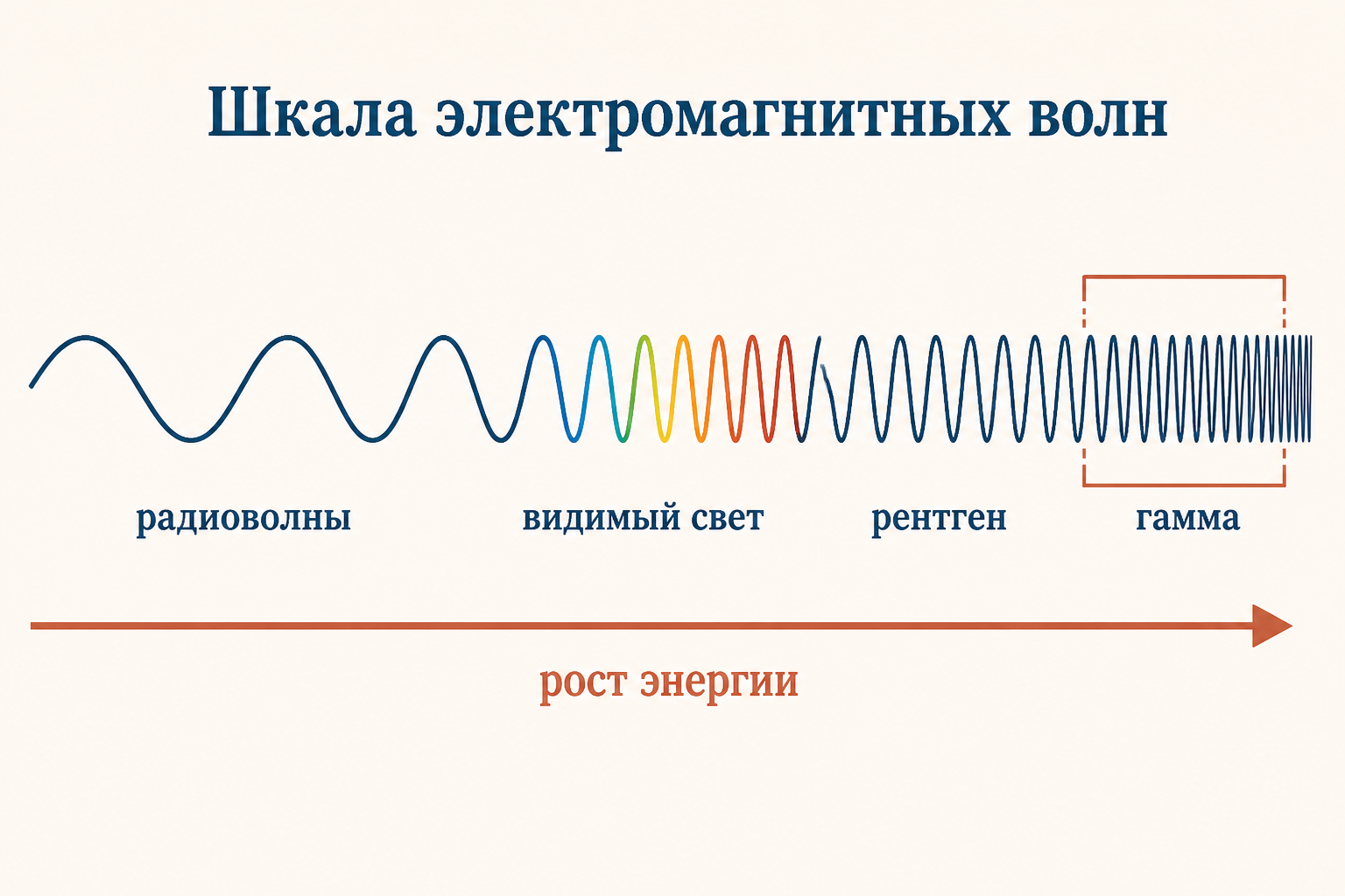 Шкала электромагнитных волн от радиоволн до гамма: гамма-кванты на коротковолновом крае с самой высокой энергией