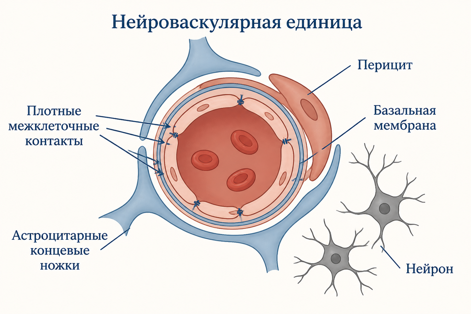 Строение нейроваскулярной единицы ГЭБ: эндотелий, перициты и астроциты