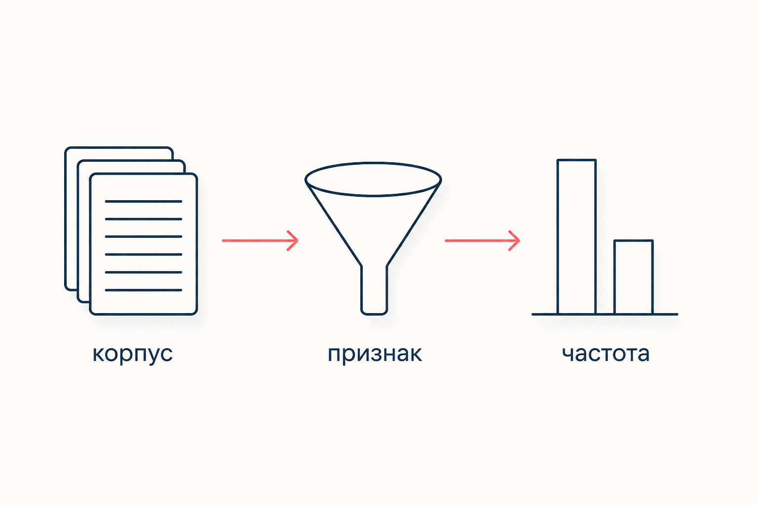 Схема подсчёта: массив текстов, фильтр по одному признаку и два столбика сравнения без числовой шкалы