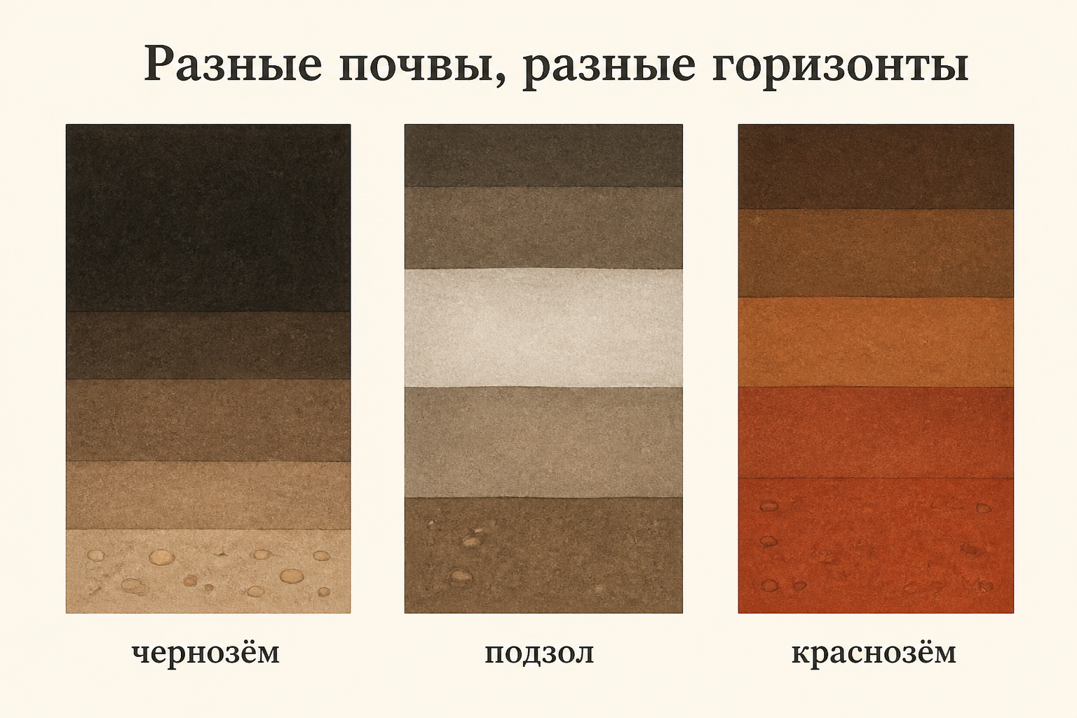 Три профиля рядом: чернозём с мощным гумусом, подзол с белёсым горизонтом, краснозём с красными слоями