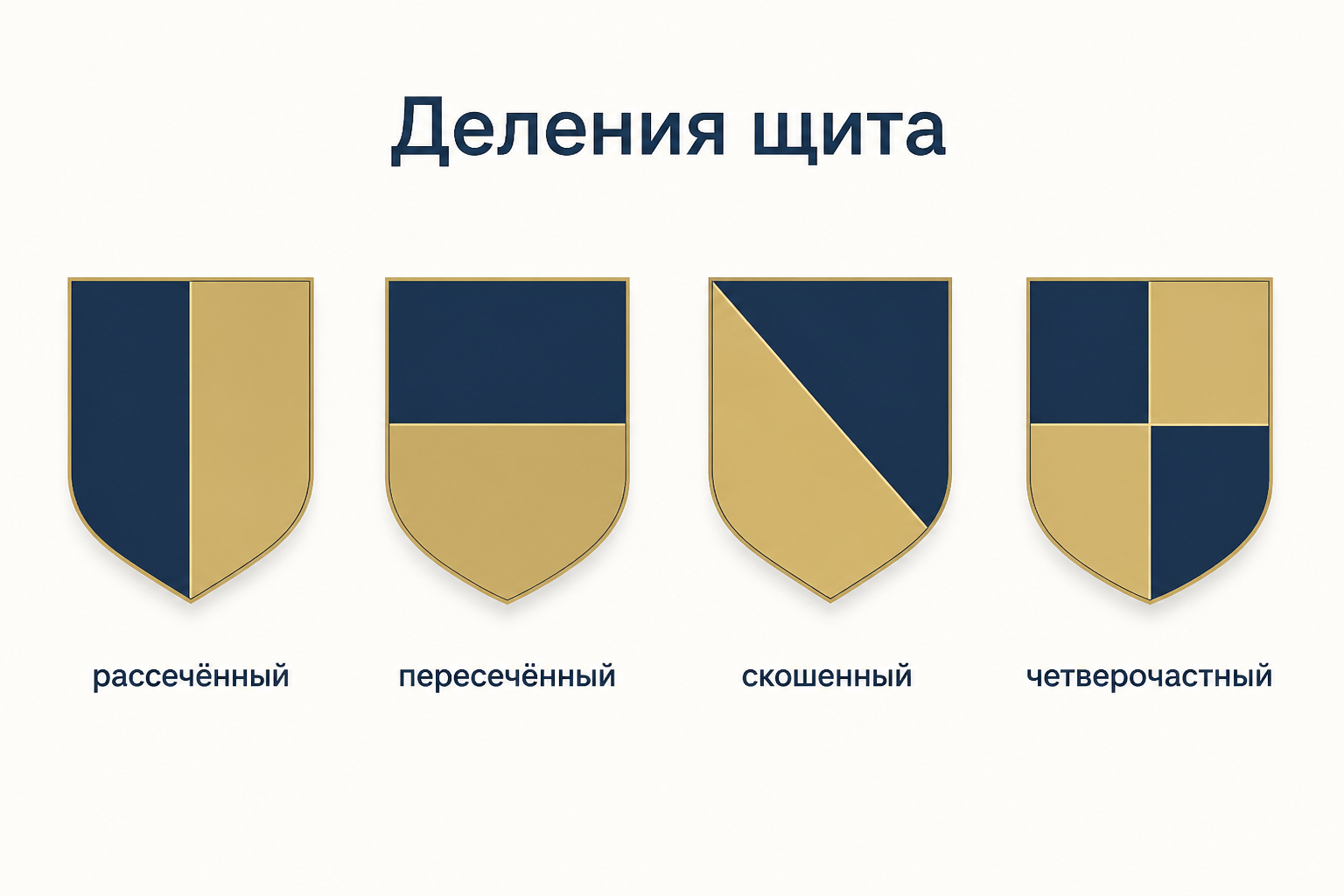 Четыре базовых деления щита: рассечённый, пересечённый, скошенный и четверочастный
