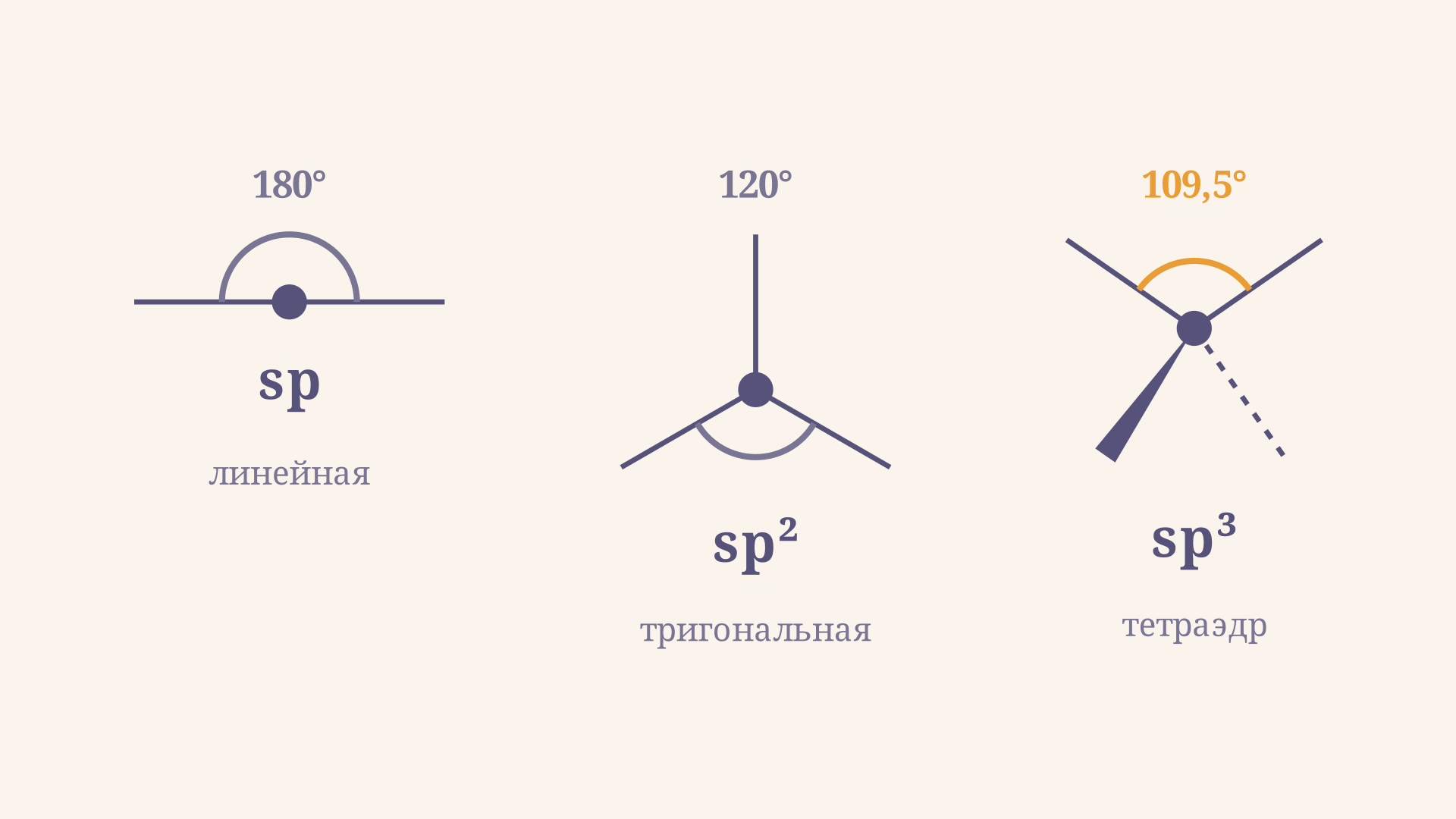 Три геометрии: линейная sp (180°), тригональная sp² (120°) и тетраэдрическая sp³ (109,5°) с клиновидными связями.