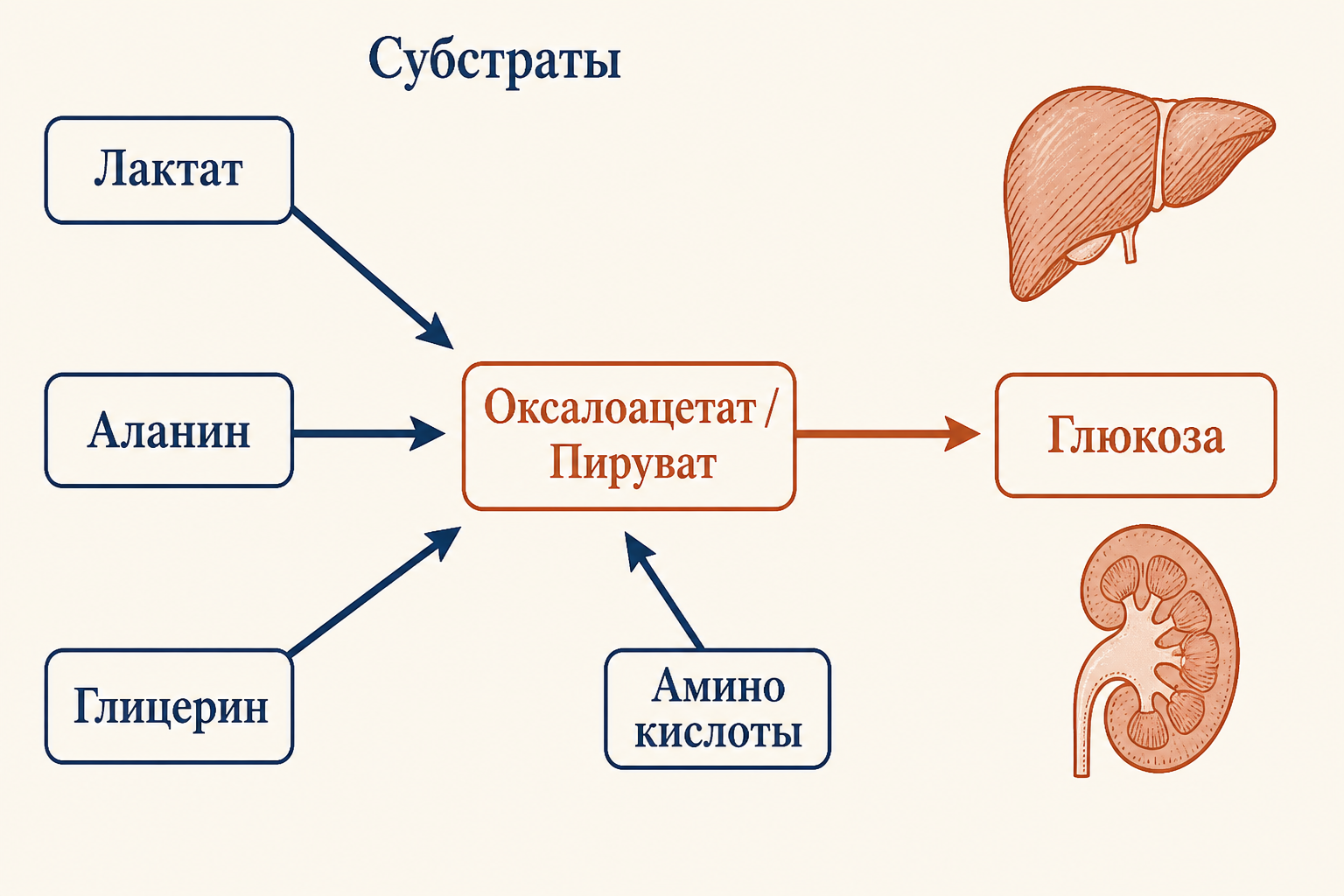 Общая схема глюконеогенеза: субстраты и ключевые ферменты