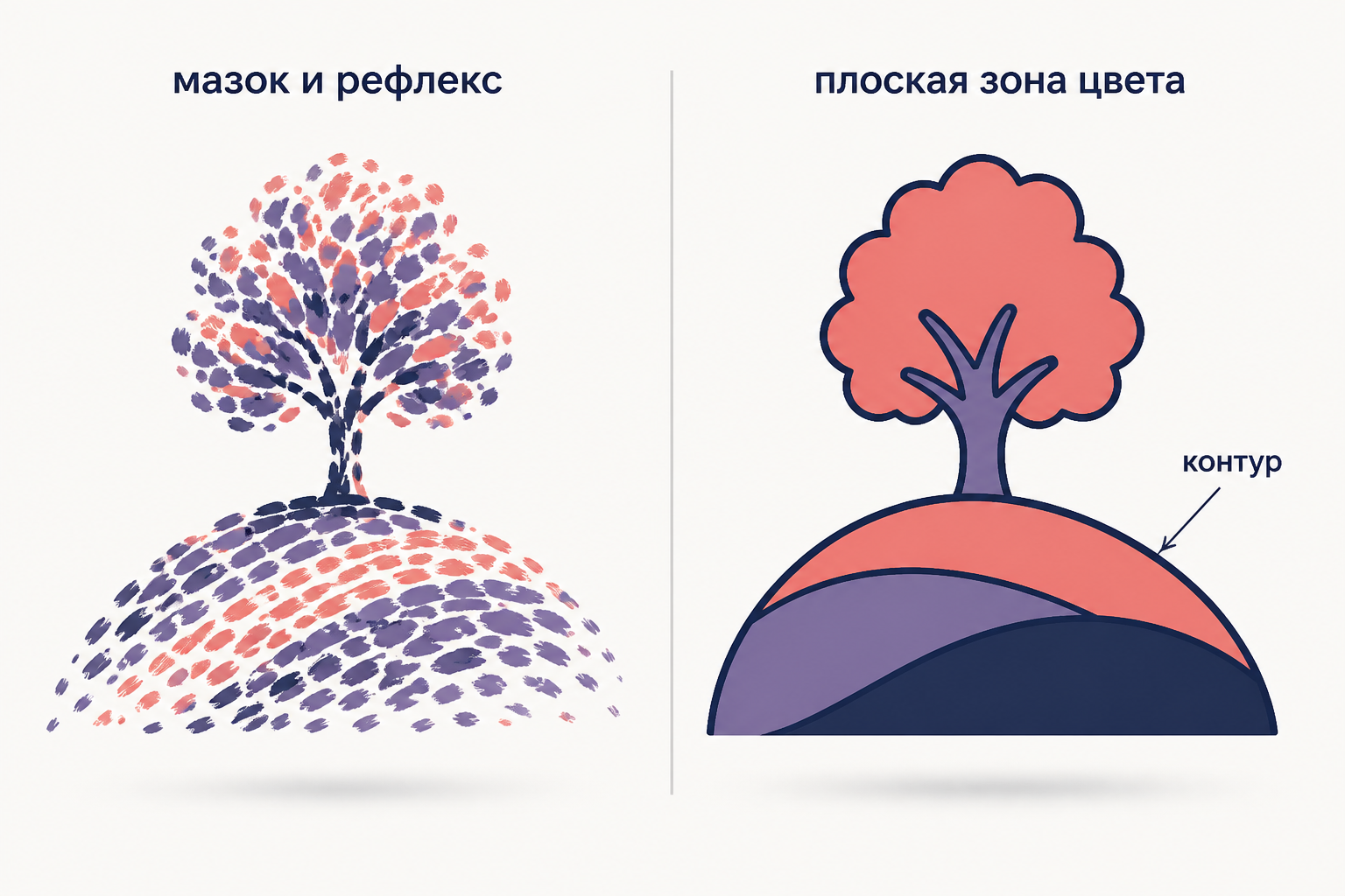 Сравнение импрессионистического мазка и плоской зоны открытого цвета, обведённой контуром