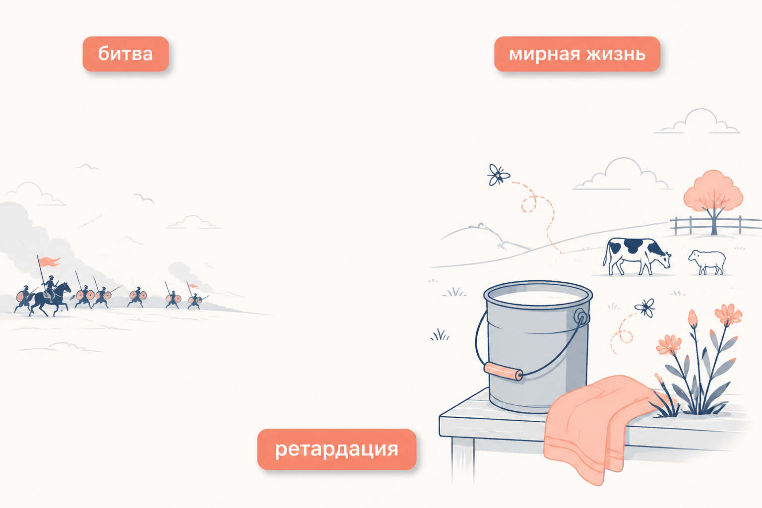 Контраст двух планов: воинская схватка и мирная жизнь с полем, стадом и весенним подойником