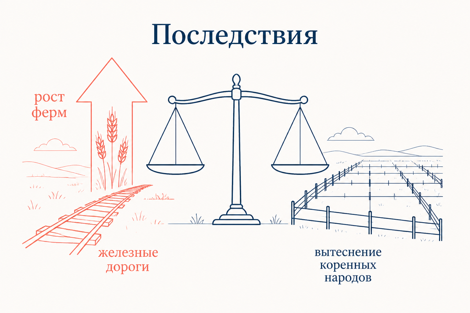 Концептуальная схема последствий Гомстед-акта: рост числа ферм и железных дорог на одной чаше весов и вытеснение коренных народов на другой
