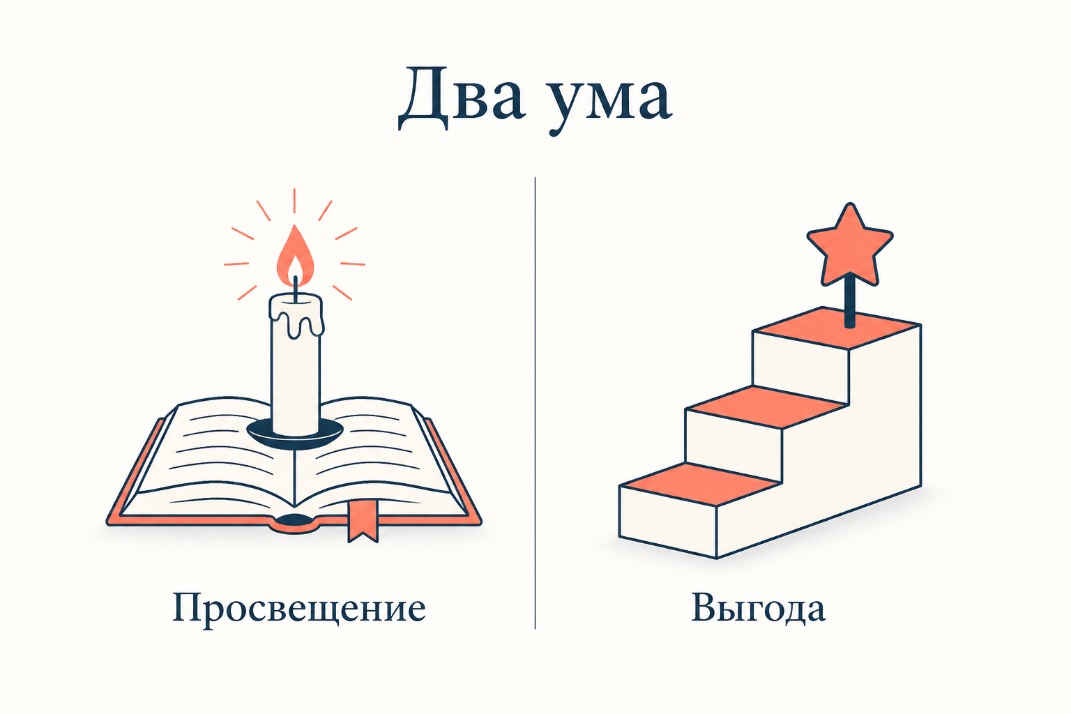 Два понимания ума в комедии: слева ум как просвещение и книга Чацкого, справа ум как ступени карьеры и награда фамусовской Москвы