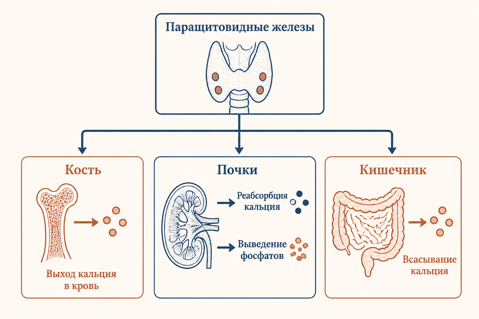 Схема действия паратгормона на органы-мишени: кость, почки, кишечник