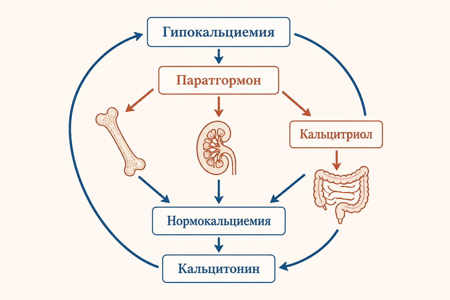 Петля обратной связи: кальций в крови, паратгормон, кальцитриол