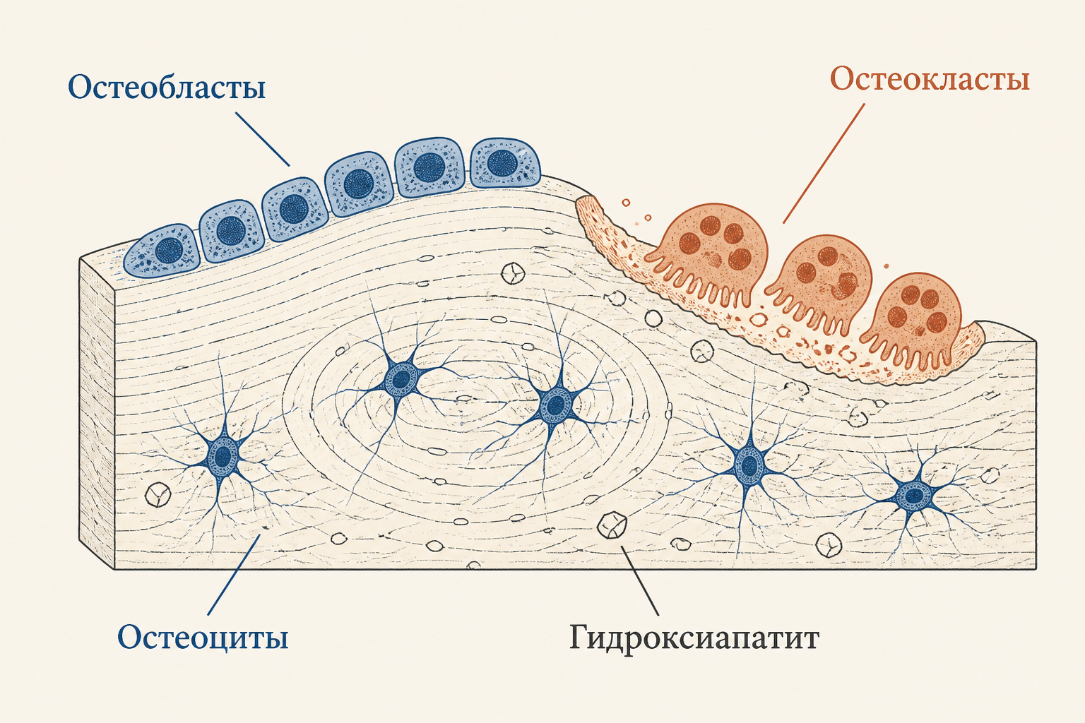 Строение костной ткани: остеобласты, остеокласты, гидроксиапатит