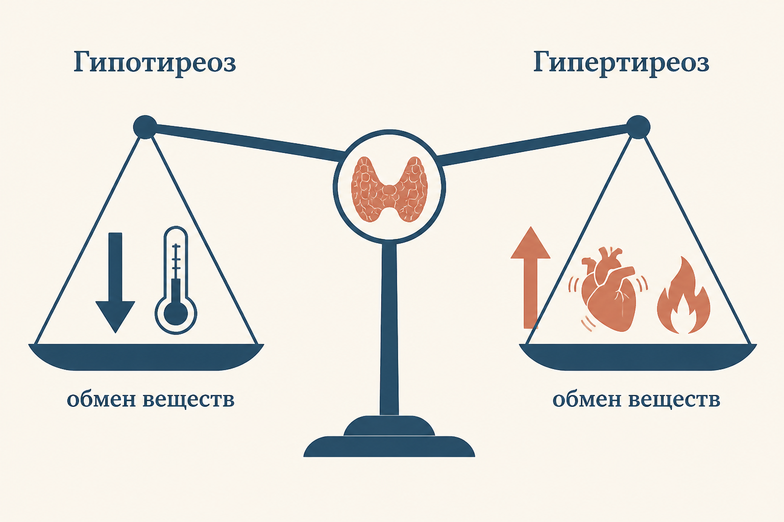 Весы: слева гипотиреоз с замедленным обменом и низкой теплопродукцией, справа гипертиреоз с ускоренным обменом и учащённым сердцебиением, в центре - щитовидная железа как точка опоры