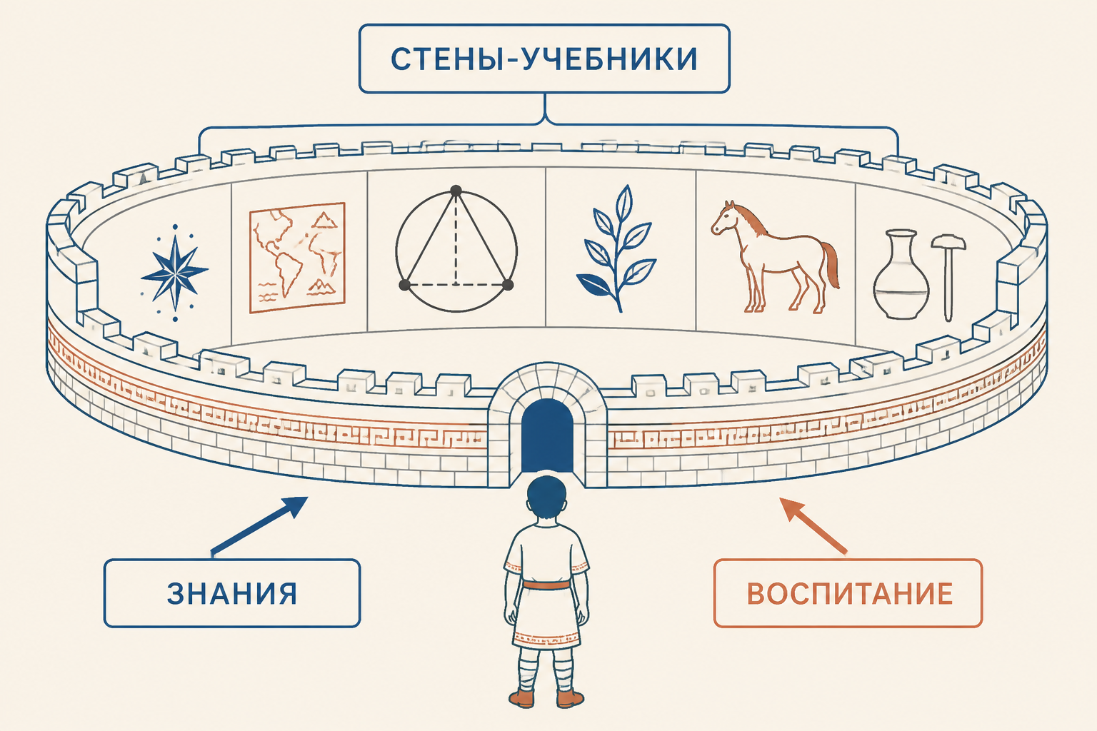 Стены-учебники с изображениями карты, геометрии, растения, животного и ремесла