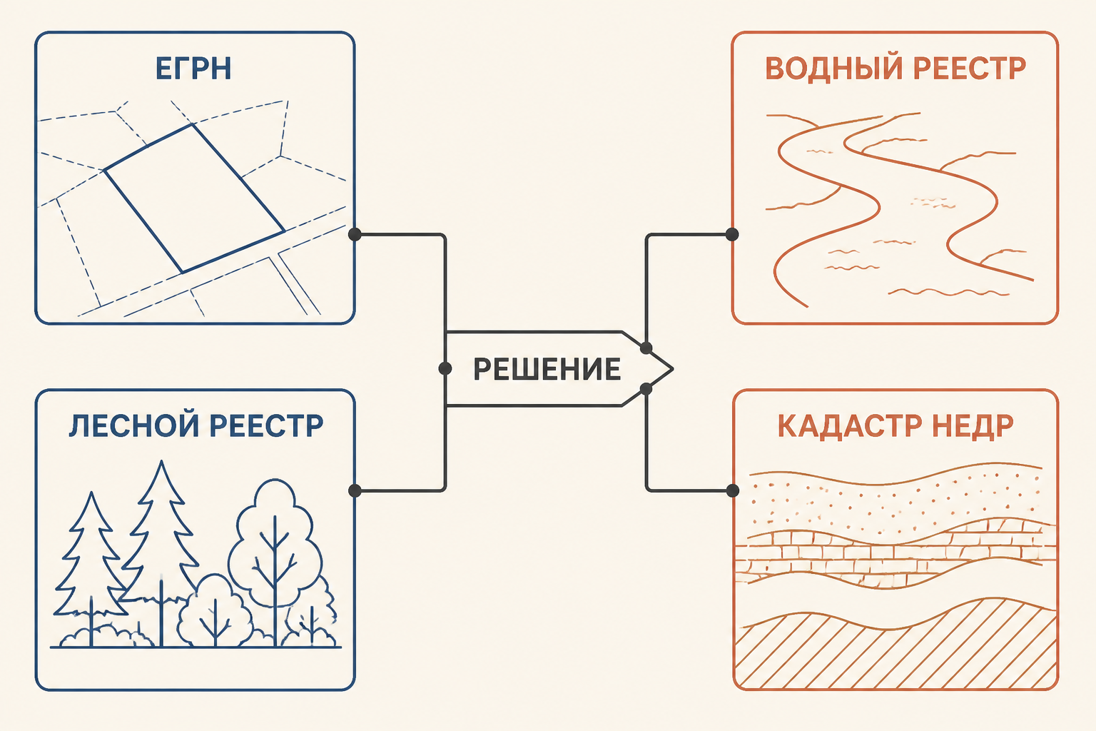 Схема показывает, как данные о земельном участке, воде, лесе и недрах поступают в разные государственные реестры для принятия решений